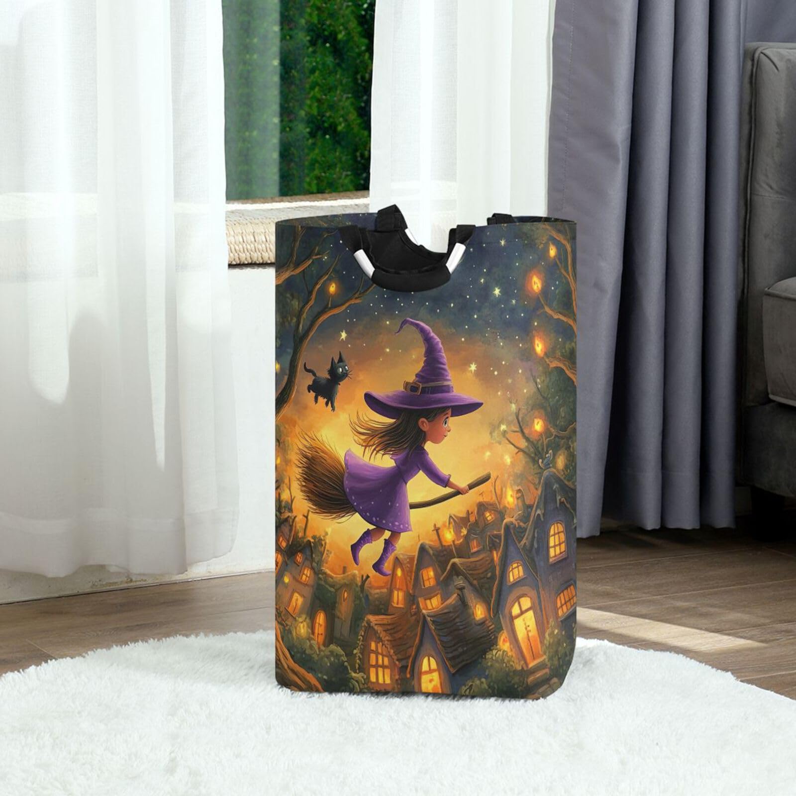 Jihqo Laundry Hamper Basket Halloween Witch Collapsible Nursery Storage Bin Waterproof Clothing Baskets for Home Bedroom Bathroom Washing Room