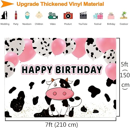 Miniatura 5 de InMemory Fondo de fotografía de cumpleaños con globos rosa y blanco con estampado de vaca, fondo de fotografía de cumpleaños para niños, niñas, vaca