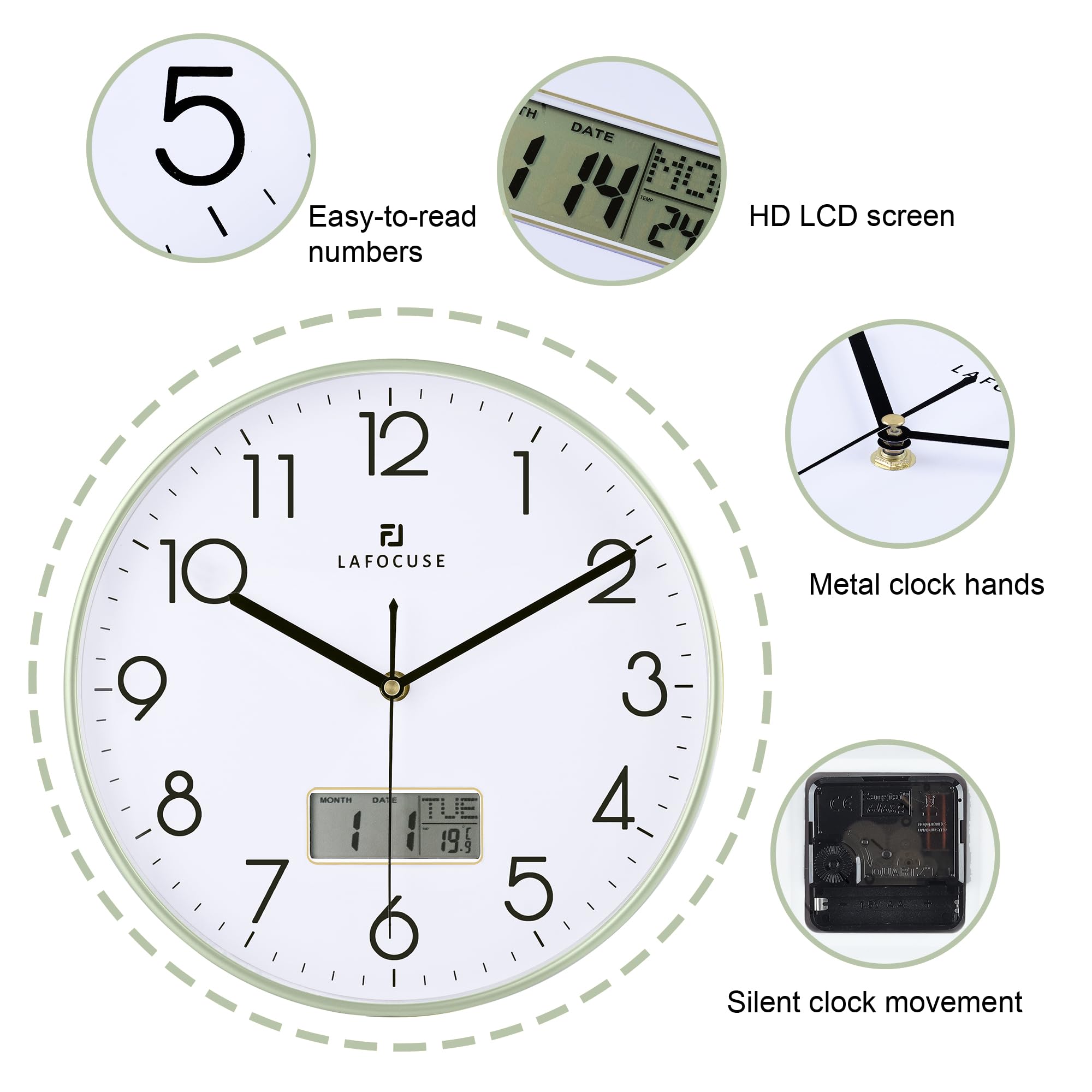 Lafocuse 30cm Orologio da Parete con Digitale LCD Datario e Termometro, Silenzioso Orologio Moderno Verde, senza Ticchettio per Cucina Camera da Letto Soggiorno Ufficio