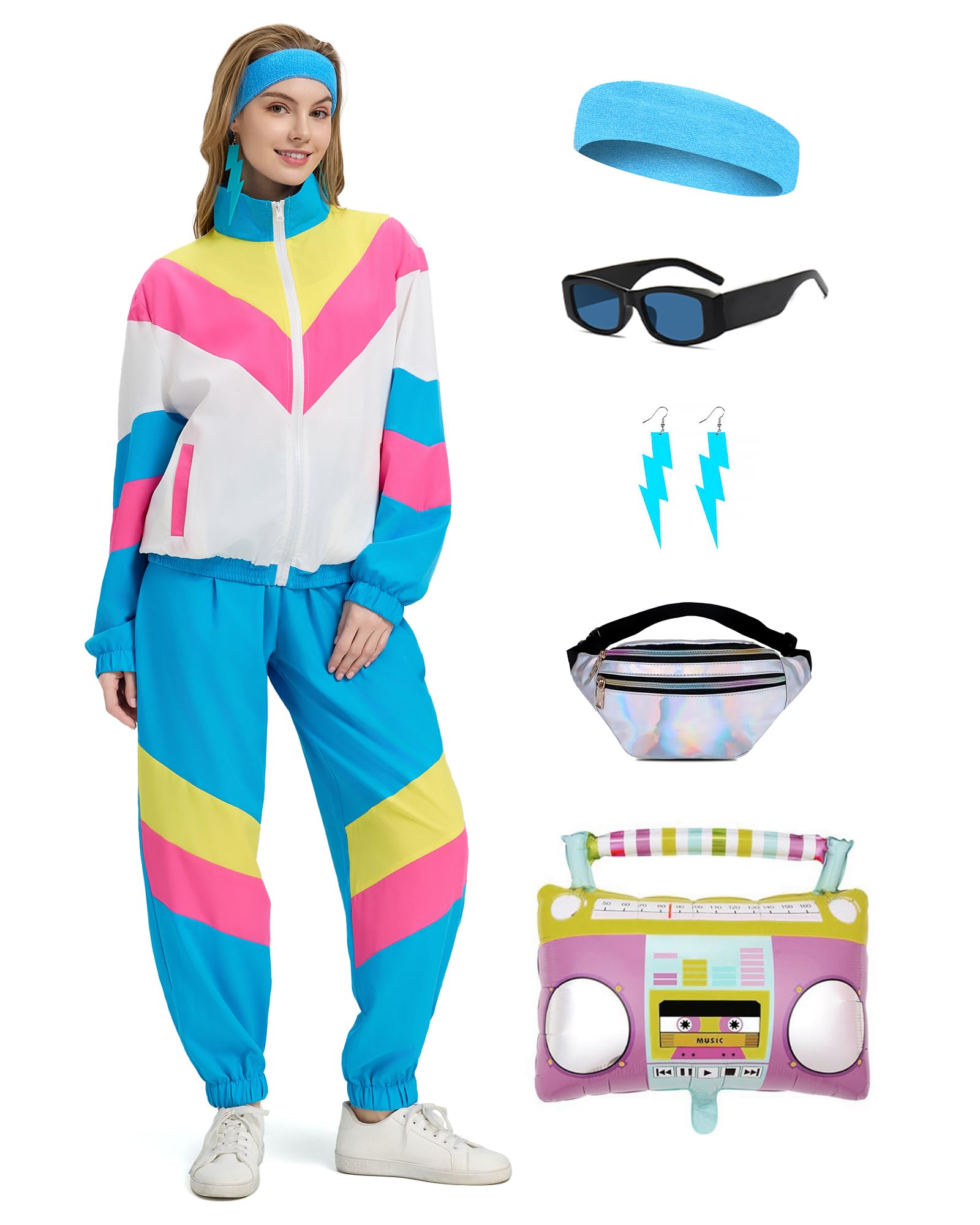 Disfraz de Años 80 90 Mujer, Disfraces 80s 90s, Retro Vestido Años 80 90 Traje Pantalones Accessorios Mujeres para Carnaval
