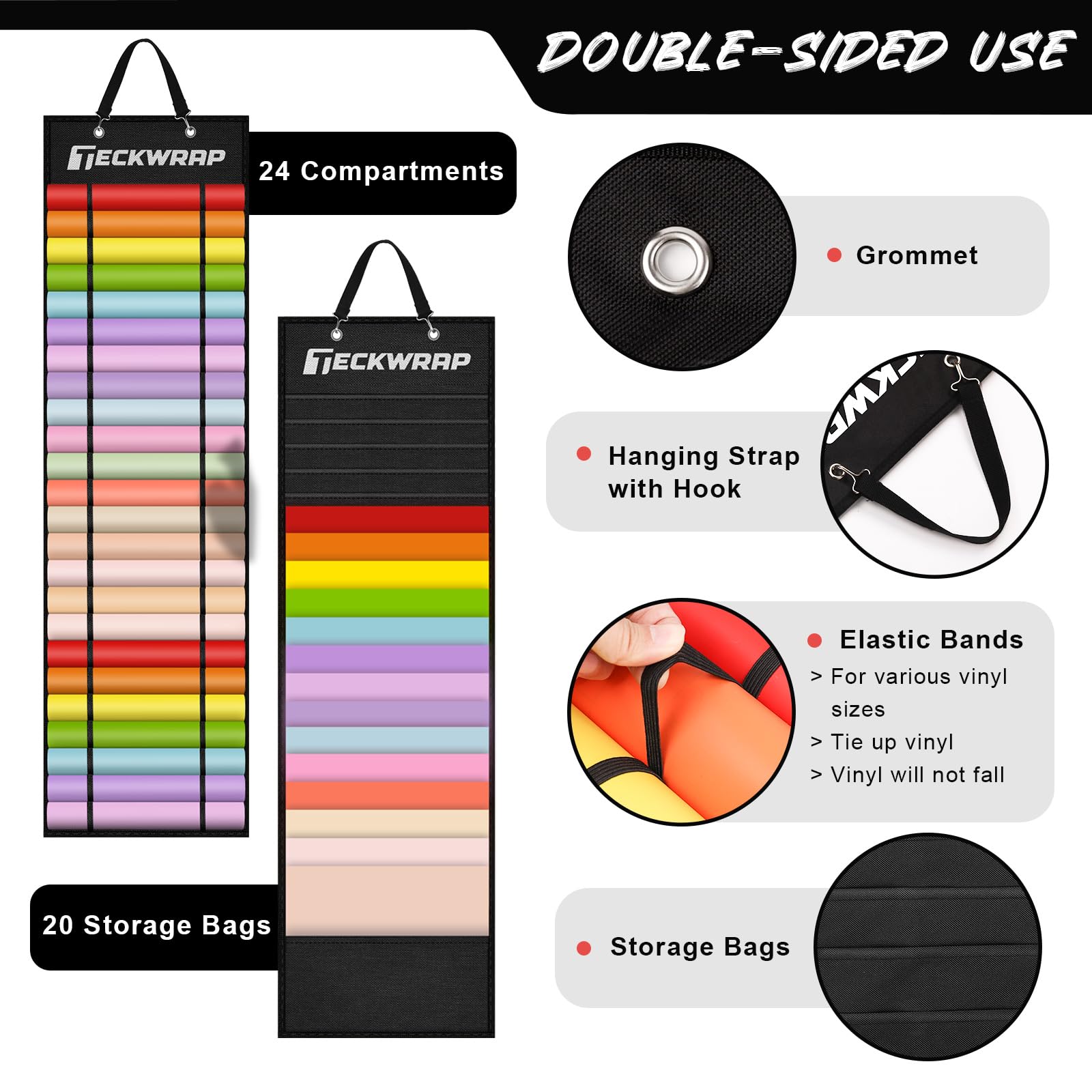 TECKWRAP Support de rouleau de vinyle, organiseur de rangement mural double face noir avec 47 compartiments, un placard, un studio