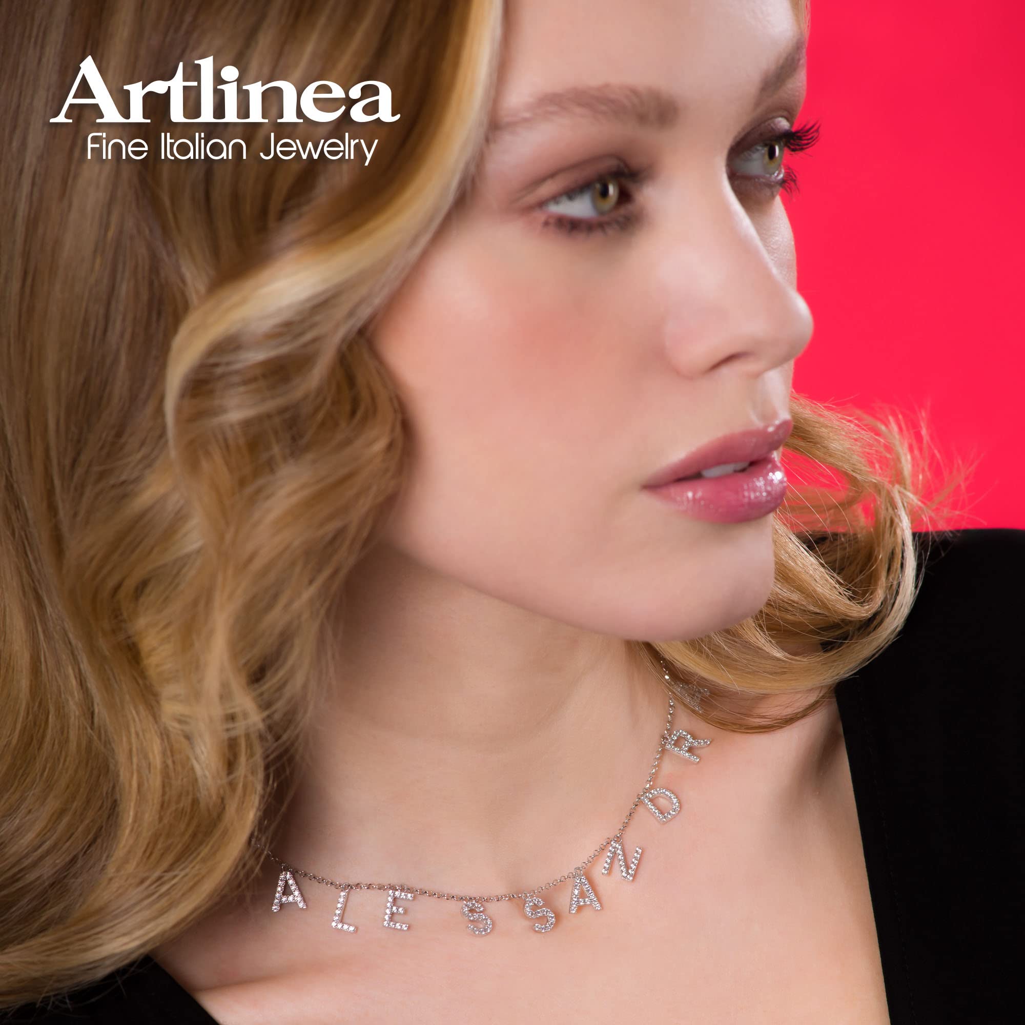 Artlinea, Collana in Argento 925 Sterling, Rodiato, Personalizzabile con Nome, Lettere o Simboli di Zirconi, Misura da 38 a 40,5 cm, Chiusura a Moschettone, Made in Italy