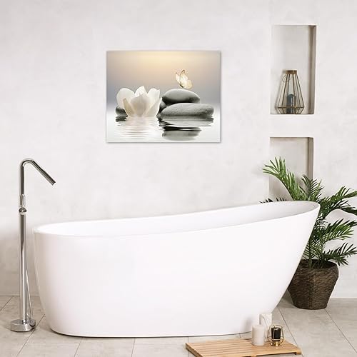 Miniatura 4 de EOBTAIN Lienzo de flores blancas zen para pared, diseño floral y mariposa sobre piedra, cuadro moderno enmarcado para yoga, spa, pintura espiritual,