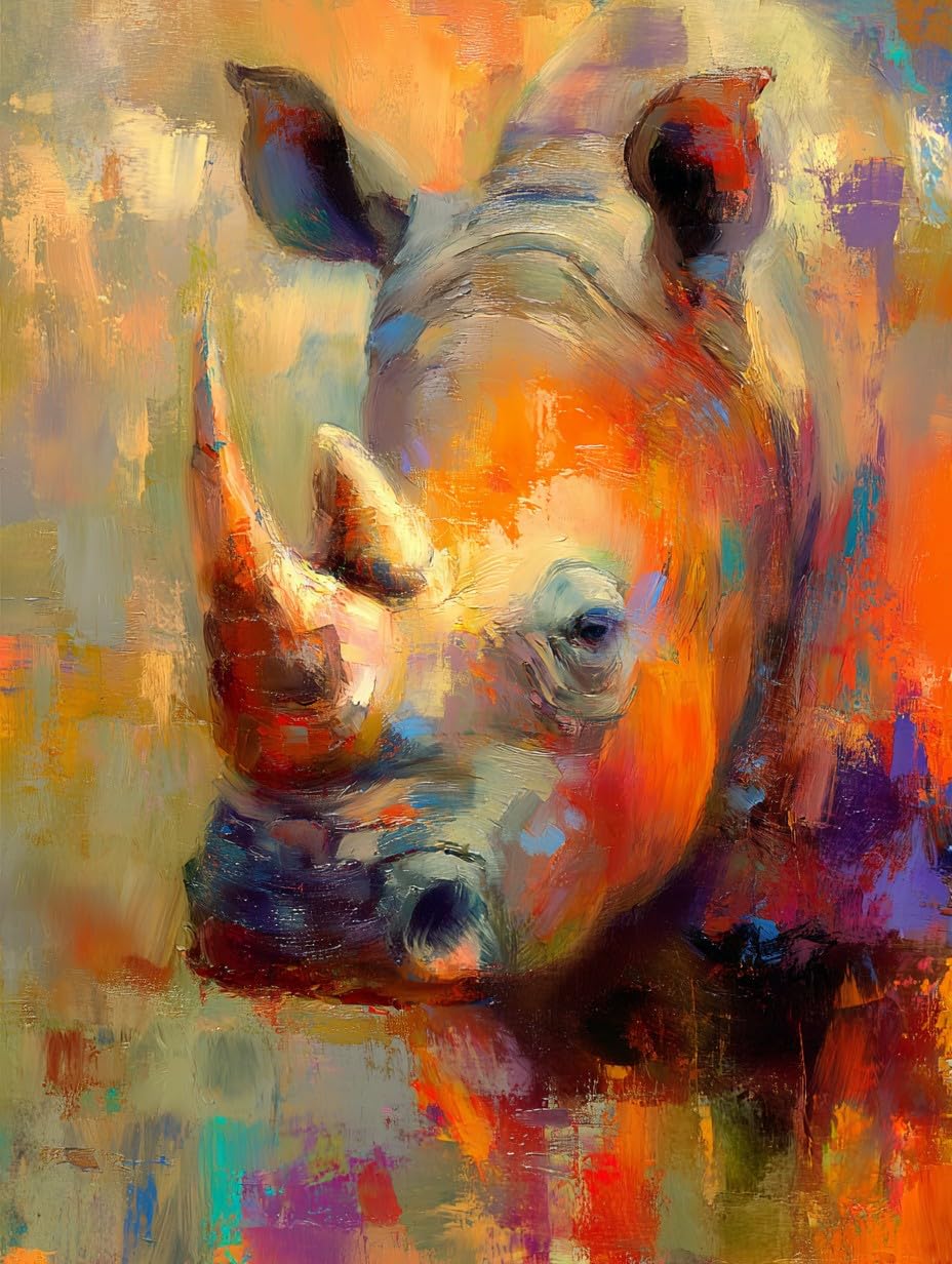 WANGWANGMIAO Paint by Numbers for Adults,40x50 cm Colorful Rhinoceros Acrylic Oil Painting by Numbers for Beginner Paints Kit with 3 Brushes Paint by Numbers Canvas Kits for Gift，with Frame