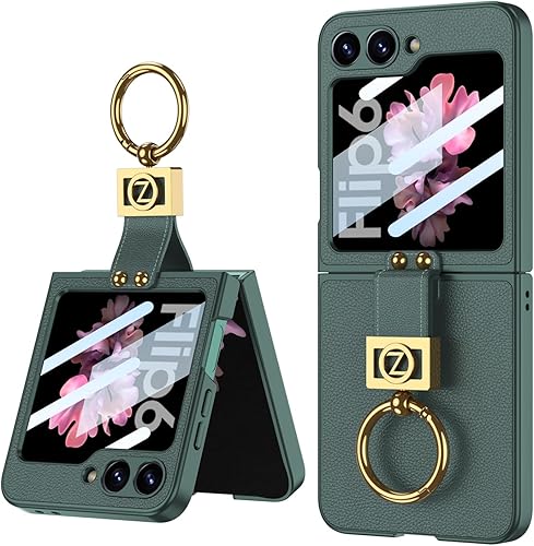 SHIEID Z Flip 6 - Funda con soporte de anillo, piel ultrafina, a prueba de golpes, con protector de pantalla pequeño integrado para Samsung Galaxy Z