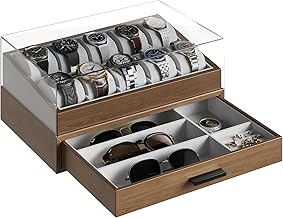 HOOBRO Watch Box for Men, 10-Slot Watch Case, Wooden Watch Display Case with Acrylic Cover, Double-Layer Watch Holder Organizer for Watches, Sunglasses and Jewelry, Light Walnut BH20JB04