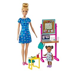 Barbie Careers Playset, School Teacher with Blonde Fashion Doll, Brunette Small Student Doll, Flipping Blackboard, Desk & More