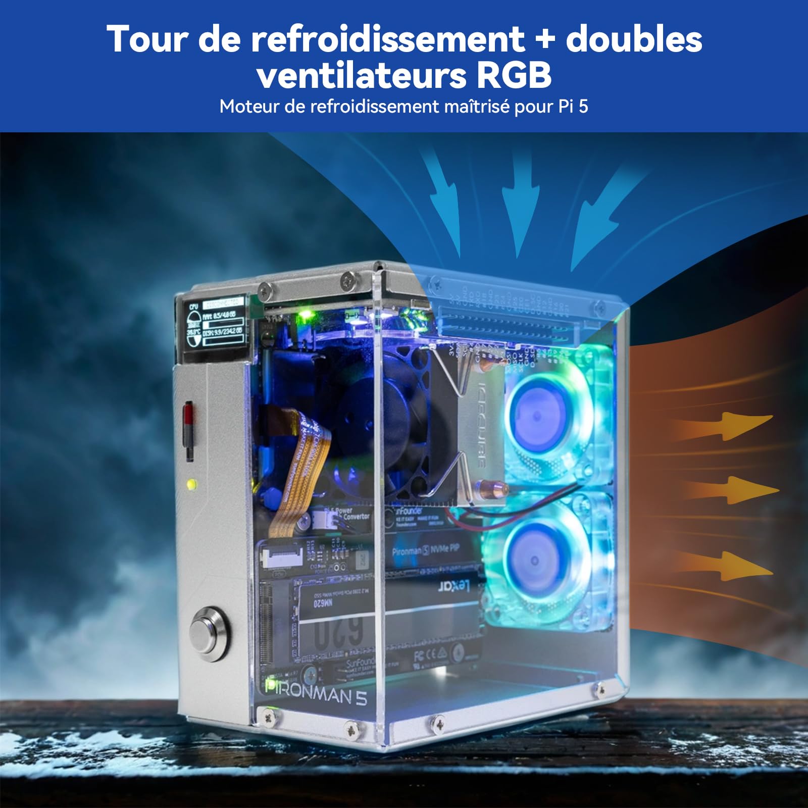 Pironman 5 boîtier Mini PC NVMe M.2 SSD PCIe 2.0/3.0 pour Raspberry Pi 5 Hailo-8L, agent IA OpenClaw, refroidissement tour + double ventilateurs RGB, module OLED 0,96", arrêt sécurisé, HDMI, effet RGB