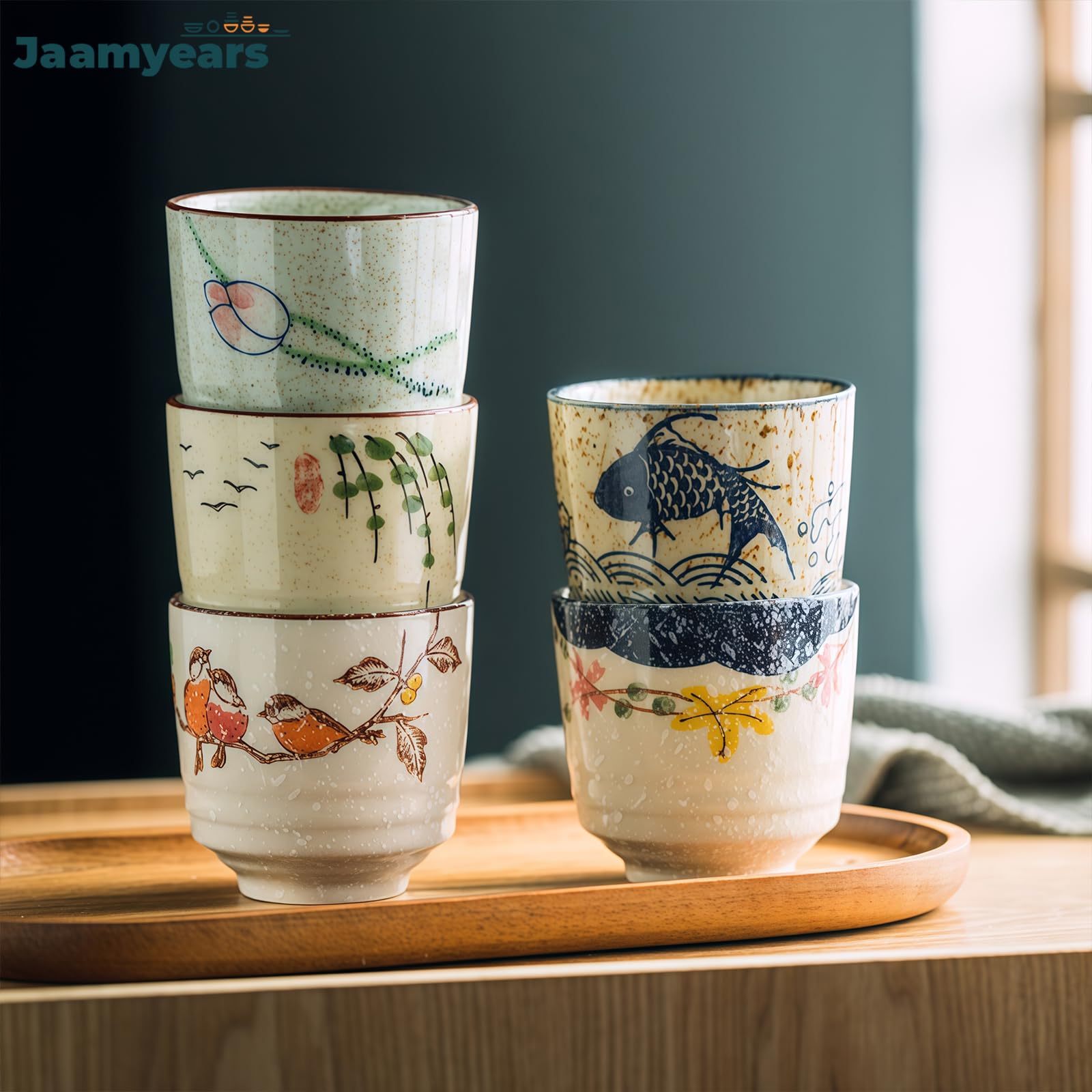 Ceramiczny zestaw 4 filiżanek do herbaty, japoński styl, 170 ml, elegancki design do gorących i zimnych napojów, idealne do domu i na przyjęcia herbaciane