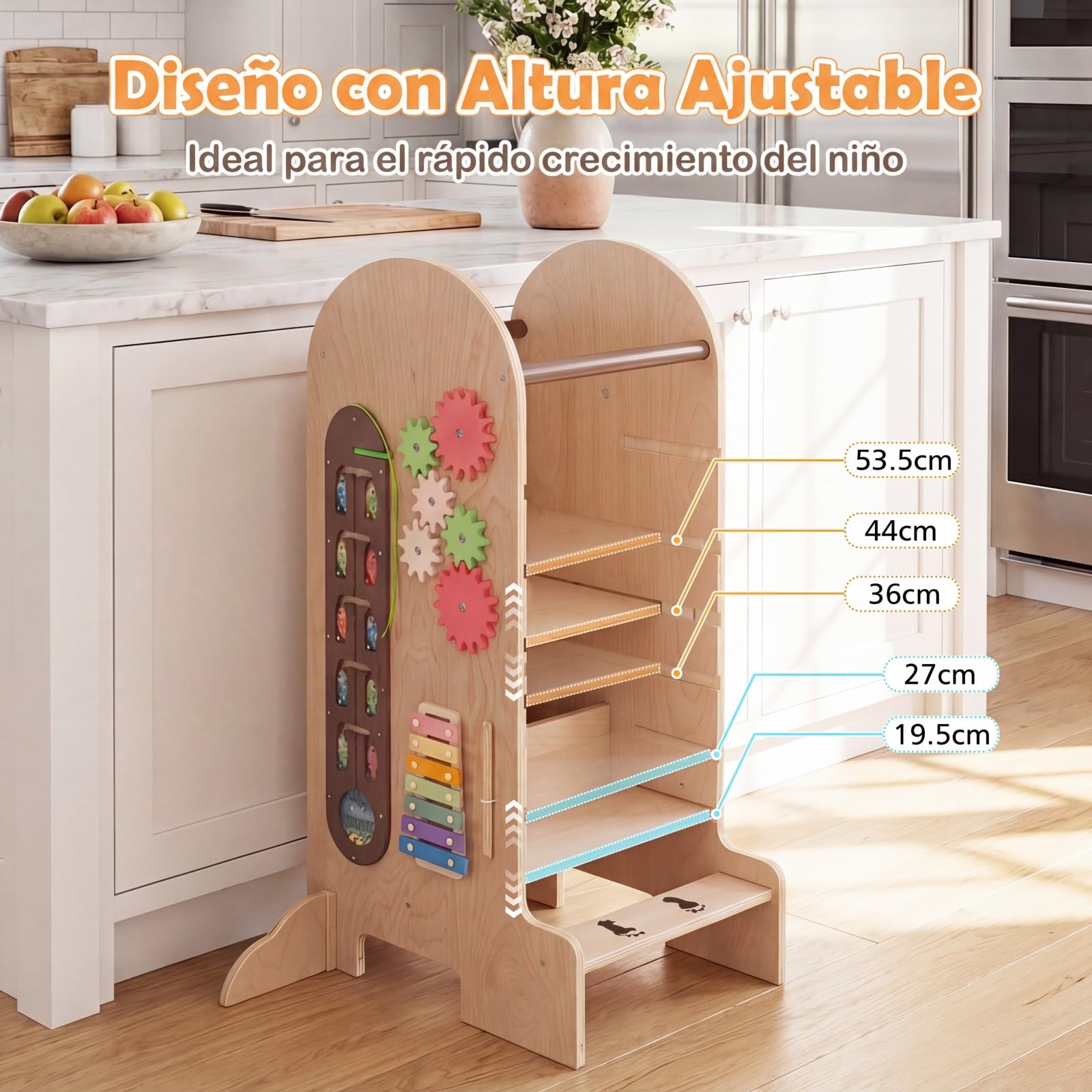 COSTWAY Torre de Aprendizaje Montessori para Niños, 4 en 1 Escalera Cocina Infantil con Altura Ajustable, Pizarra, Tobogán, Barras de Seguridad y Pies Antivuelco,Taburete de Madera para Niños 3+ Años