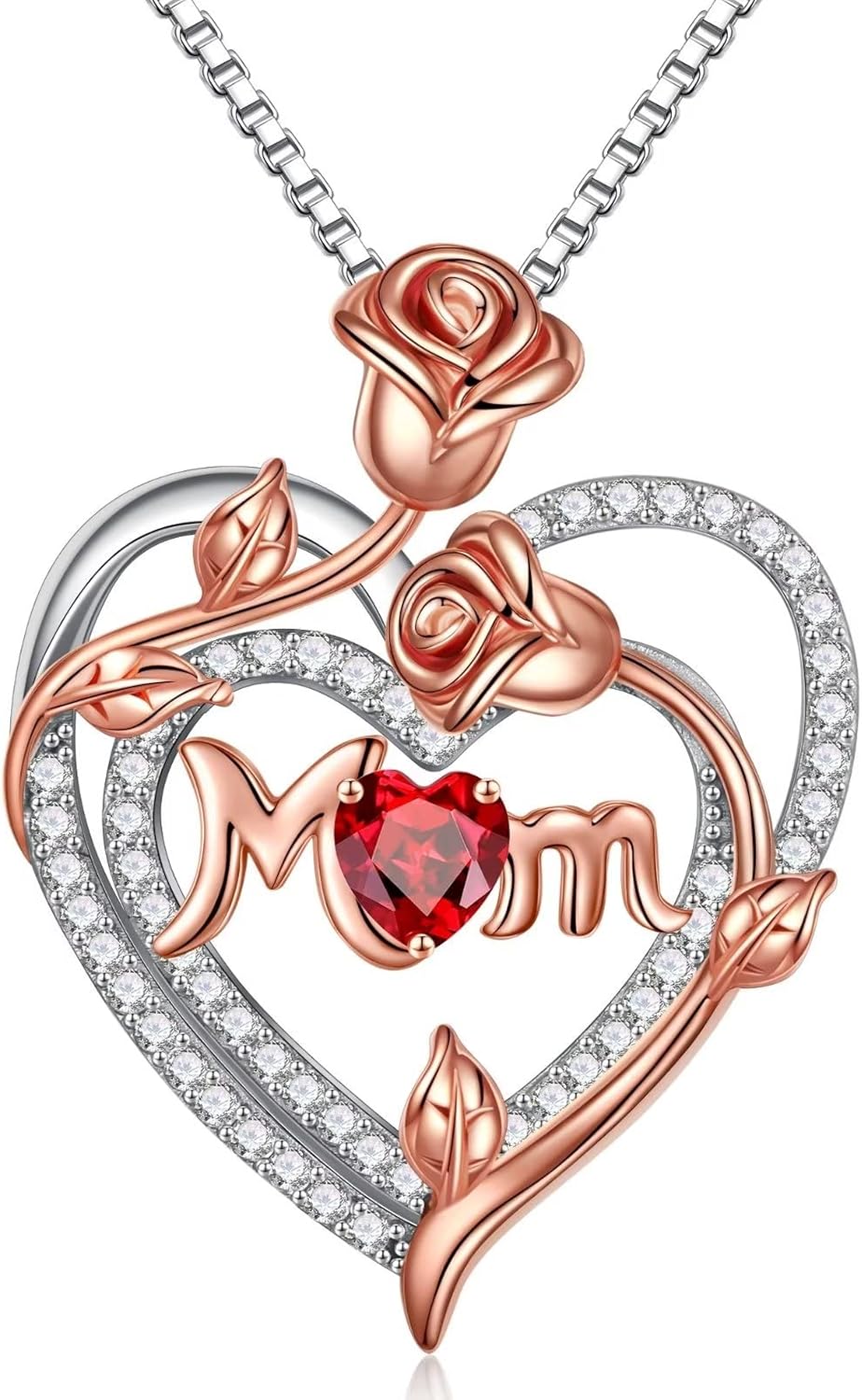 Iefil Mothers Day Gifts for Mom - 925 Sterling Silver Rose Heart Birthstone Necklace, Birthstone Jewelry Gifts for New Mom/Mother in Law