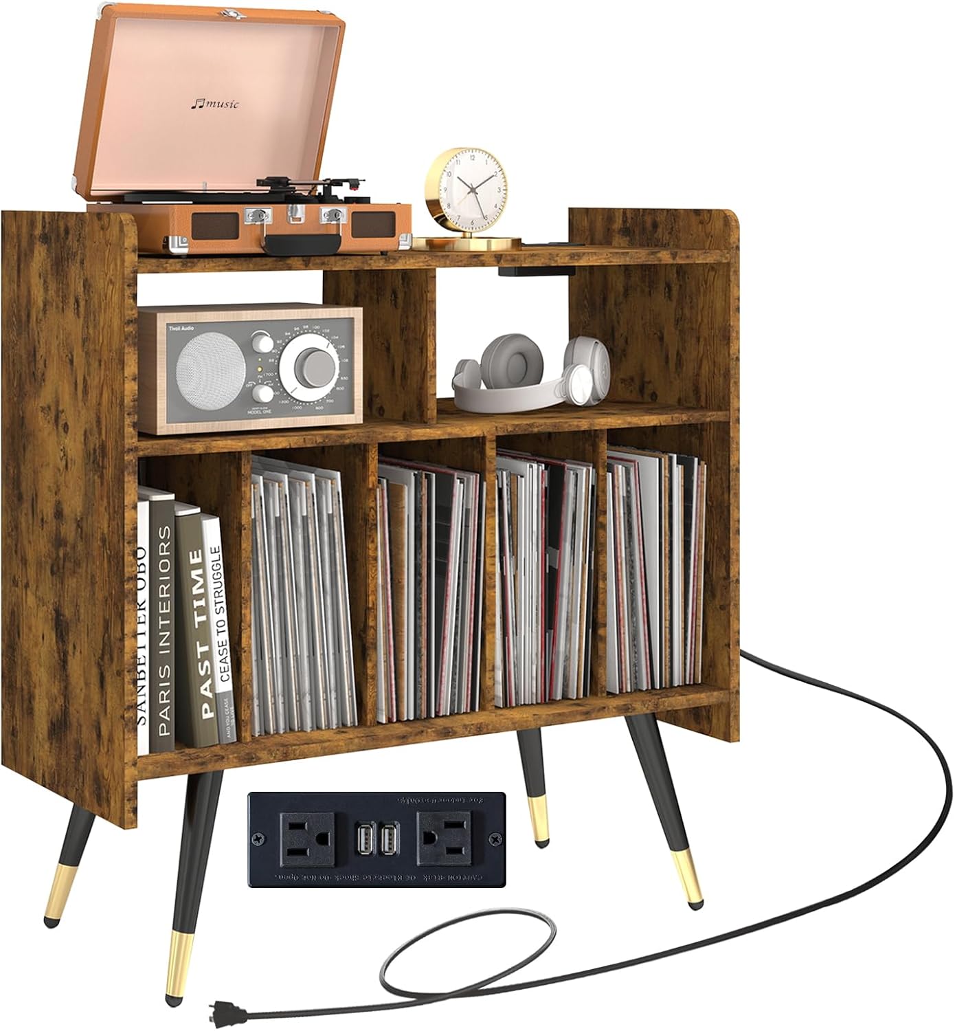 Soporte grande para tocadiscos, armario de almacenamiento de discos de vinilo con toma de corriente, mesa de tocadiscos con capacidad para hasta 350