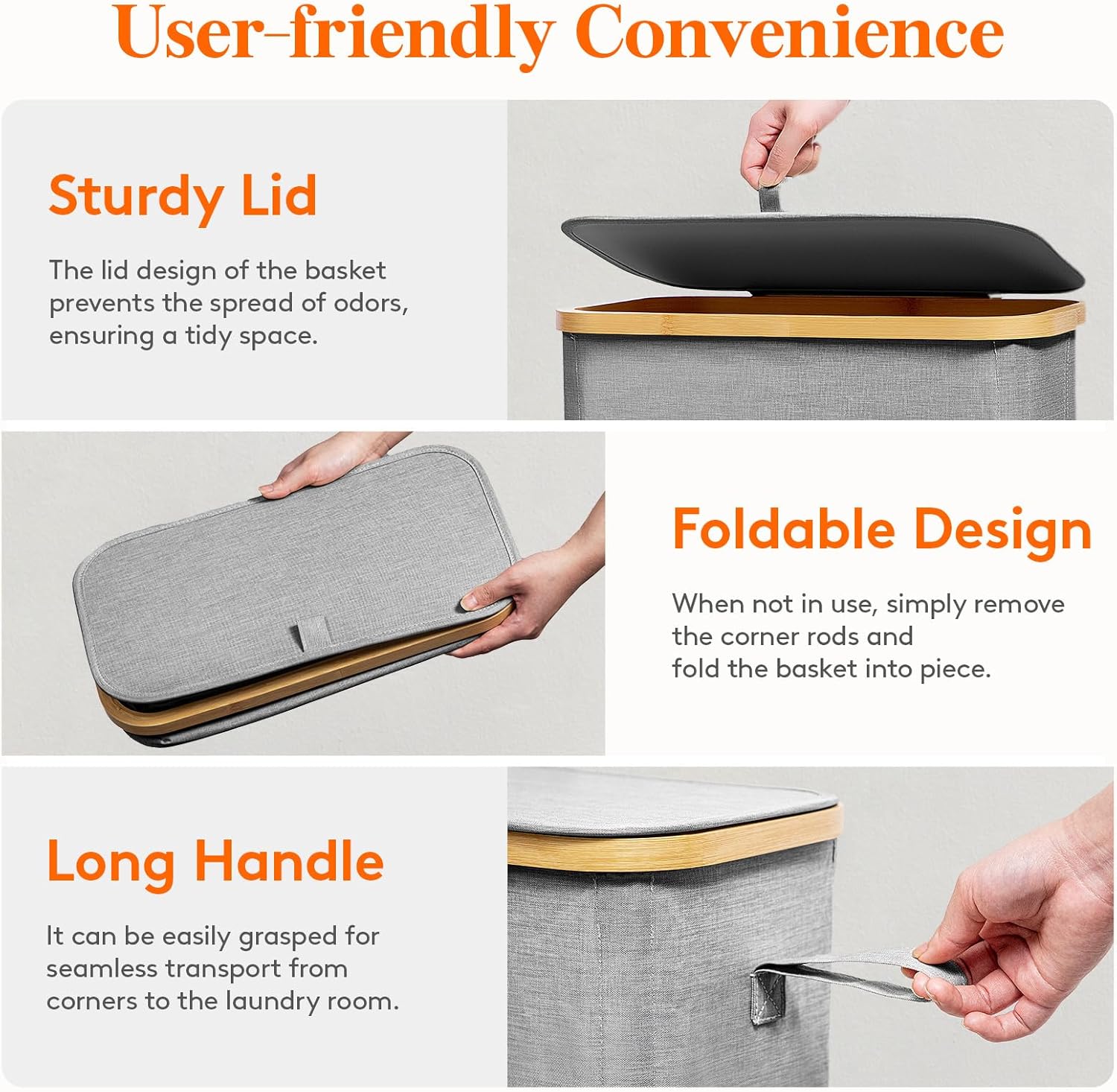 Lifewit 65L Slim Laundry Hamper with Lid, Narrow Laundry Basket with Removable Bag & Bamboo Handles, Fodable Thin Dirty Clothes Hamper for Laundry Collapsible Bin for Bathroom Bedroom Dorm, Gray