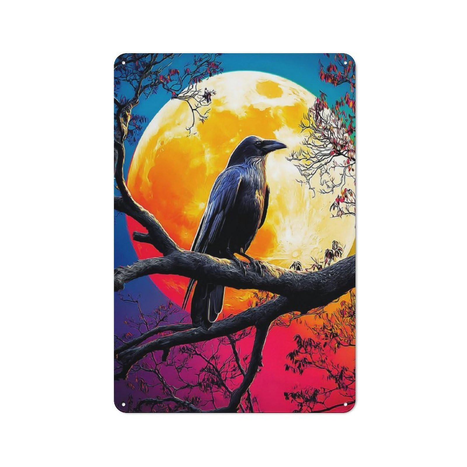 Junmoney Crow Perched Against Full Moon Retro Tin Sign 30X20cm Featuring For Home Bar Wall, For Collectors Decorating Home Bars And Entertaining Spaces