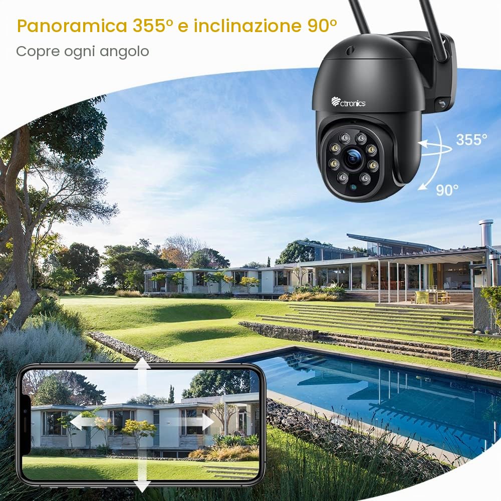 Ctronics 2.5K 4MP Telecamera Wi-fi Esterno 2560×1440P Videocamera di Sorveglianza Wifi con PTZ 355°/90°, 30m Visione Notturna Colori Rilevamento Umano Auto Tracking Audio Bidirezionale IP66 (2 pcs) | 2560×1440P, PTZ 355°/90°, 30m Visione Notturna Colori,