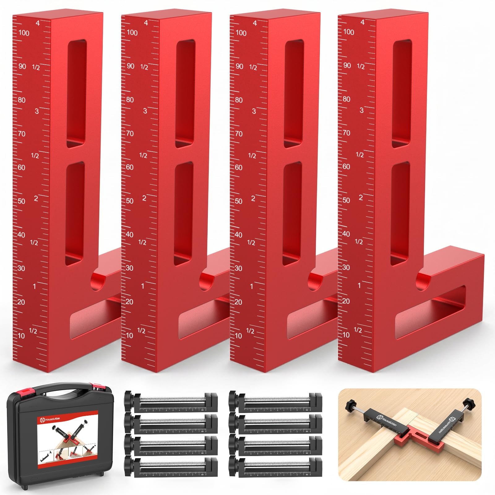 Housolution Serre-Joints d'Angle 90° pour Travail du Bois, Lot de 4, Rouge | 4,05"x2,2" Outil Carré Aluminium avec 4 Serre-Joints C, 1 Clé Allen, 4 Patins Antidérapants, Armoires, Cadres, Tiroirs