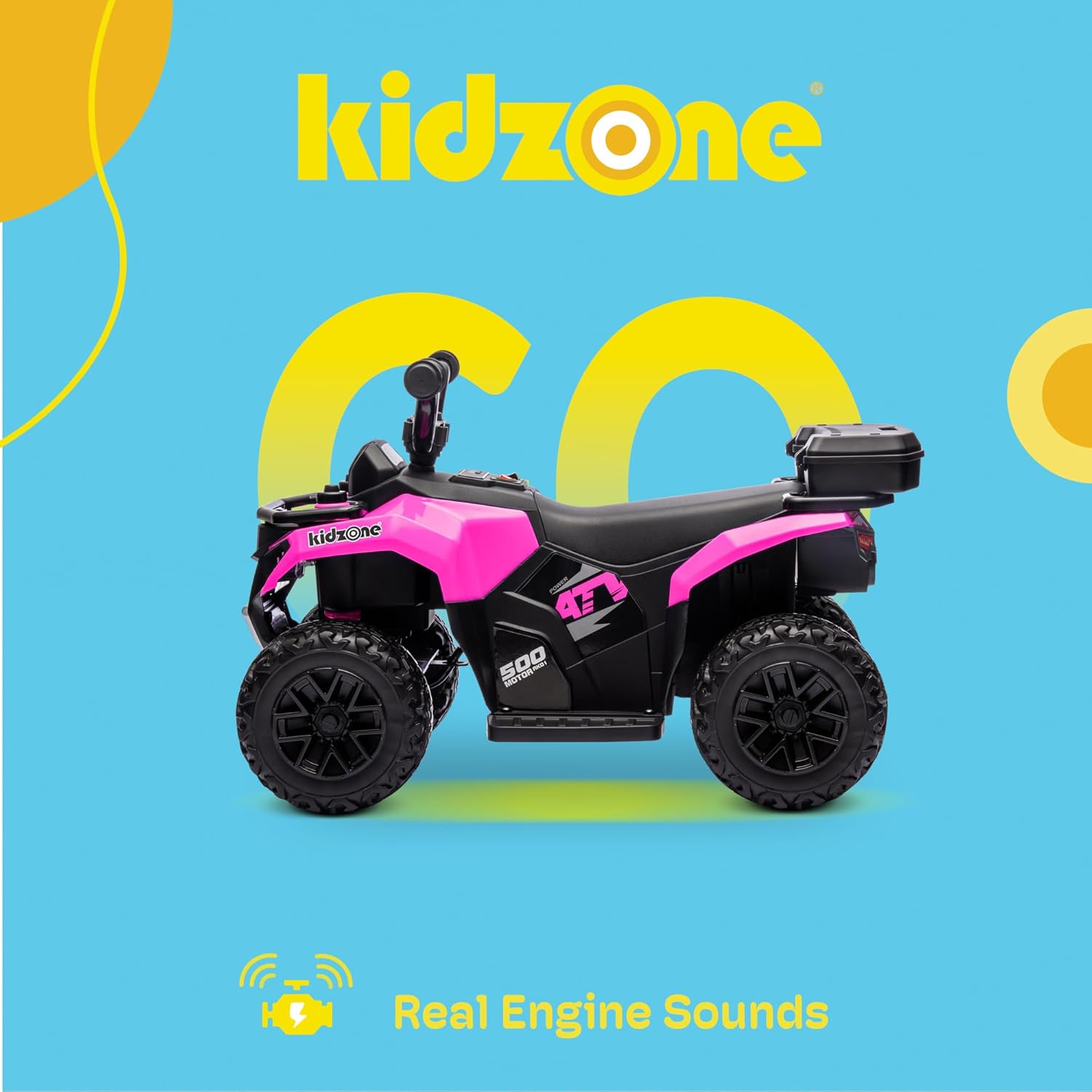 Kidzone 6V Ride on ATV Quad for Toddlers 18-36 Months, Battery Powered 4-Wheeler with Bluetooth, USB, Storage Box & LED Lights, Treaded Tires, Max 1.24MPH - Pink