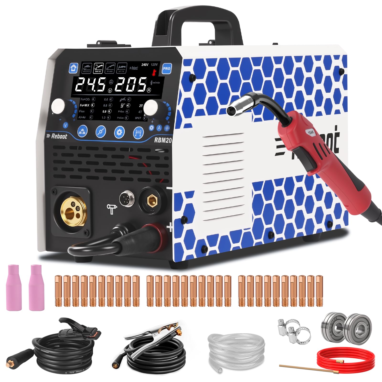 Reboot Soldador 8-en-1 205A IGBT – MIG/MAG/MMA/TIG/ALU/Punto | Gas/sin gas, Bobina disponible. Acero/Inox/Aluminio. Teflon-Liner-Upgrade incluido – instalación sin herramientas