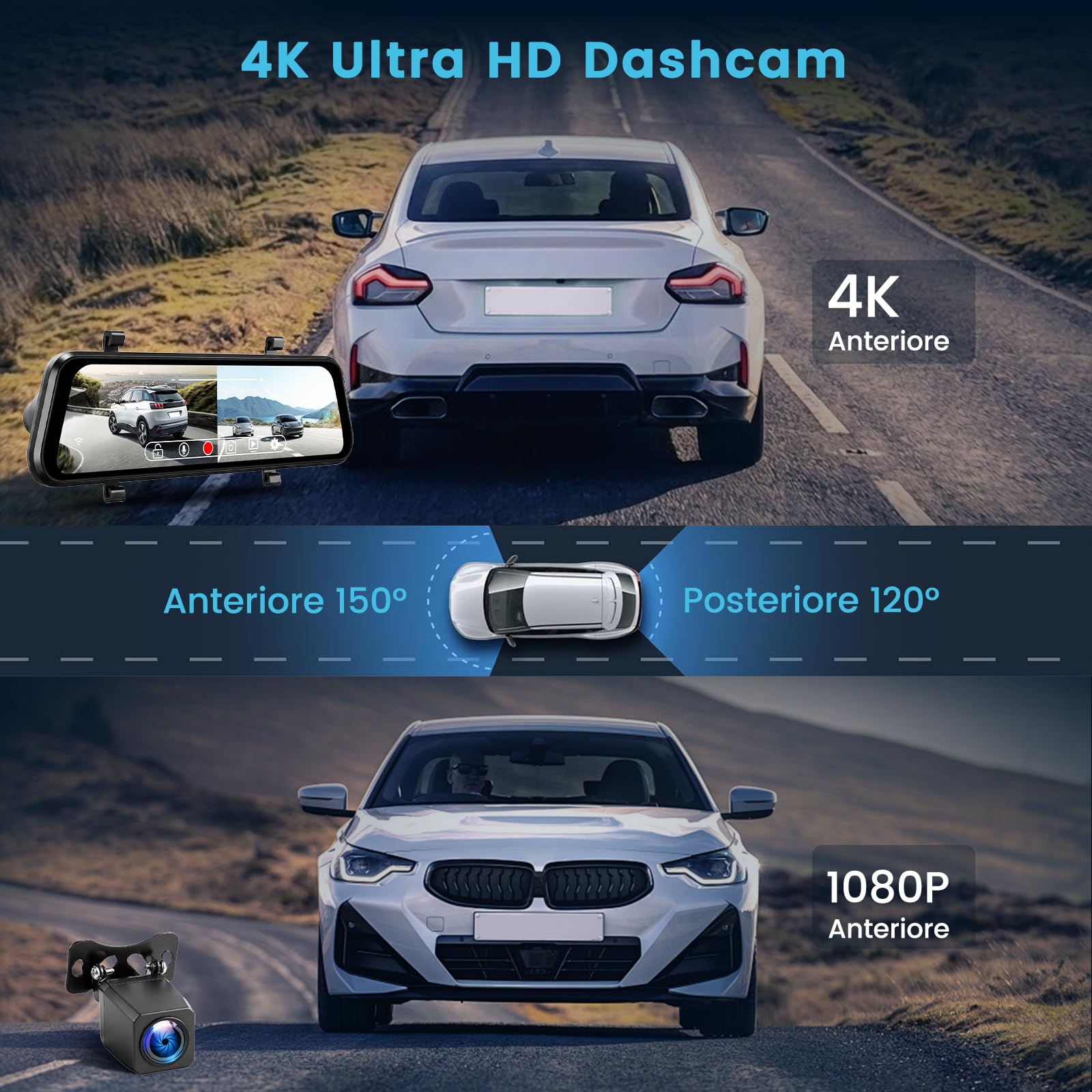 Inefala 9,66" Dashcam Espejo Retrovisor 4K+1080P WiFi con Tarjeta SD 64GB