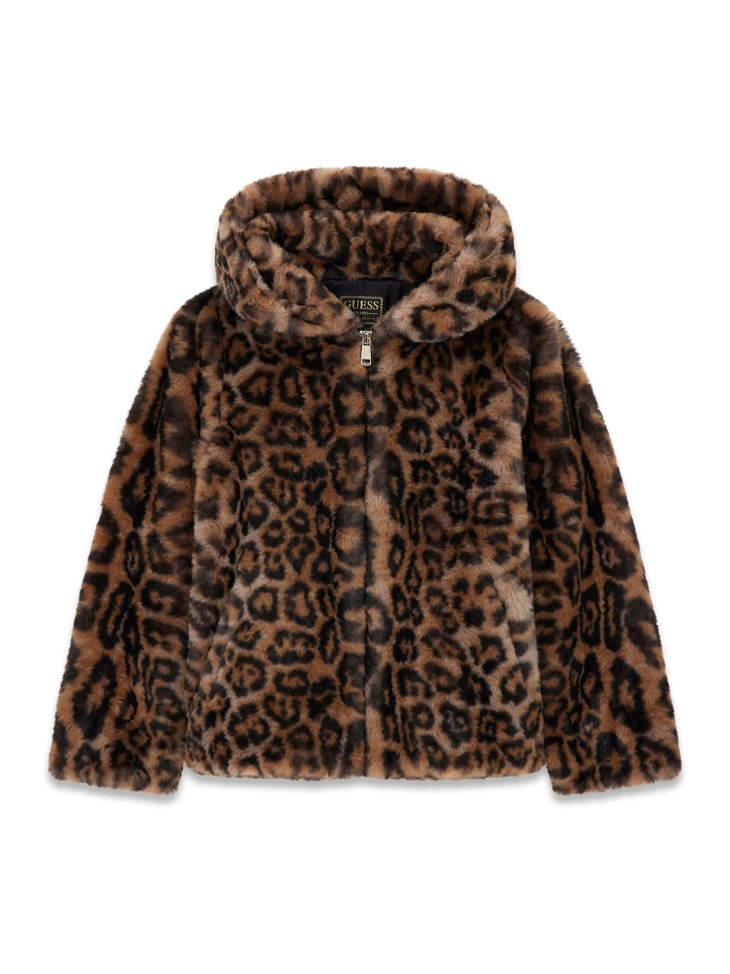 GUESS Long Sleeve Hooded Faux Fur Jacket Chamarra de Piel sintética para Niñas