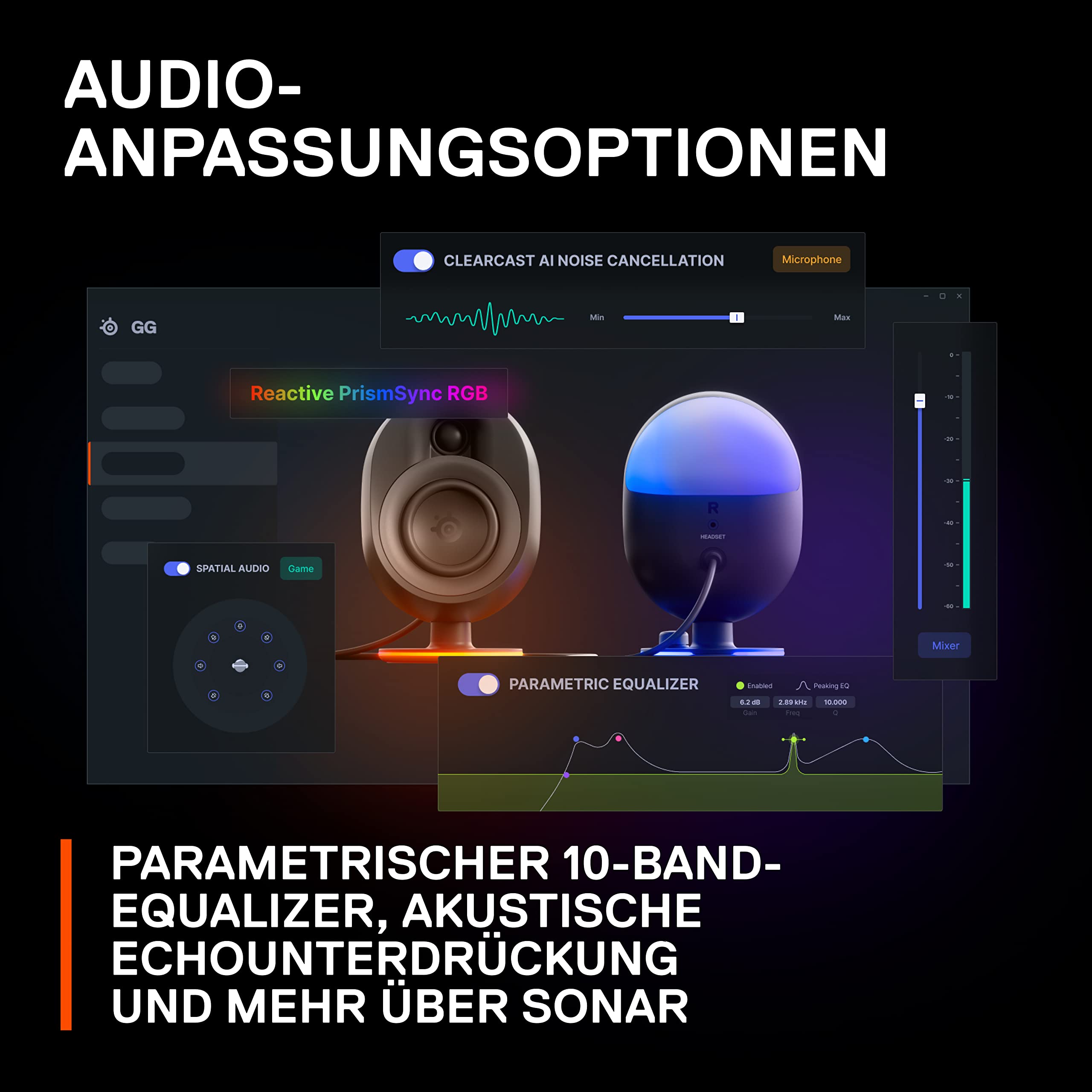 SteelSeries Arena 7 2.1 Gaming Lautsprecher 2-Wege Subwoofer RGB USB Aux optisch Bluetooth PC PlayStation Mac Black
