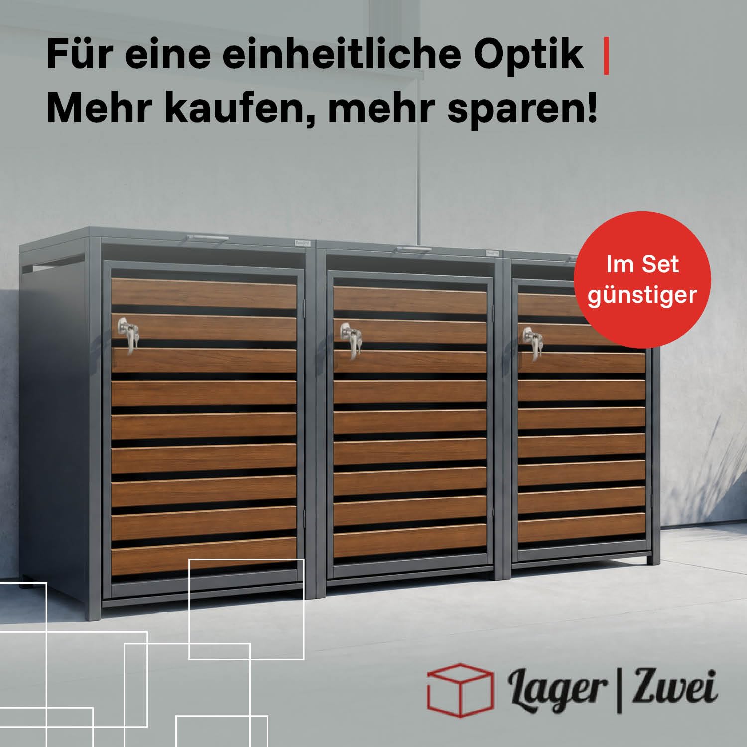 LagerZwei Mülltonnenbox 240 L I Wetterfeste, abschließbare Mülltonnenverkleidung I Müllbox aus Stahl, pulverbeschichtet I Automatikdeckel mit Gasdruck I Holz, 116 x 80 x 68 cm