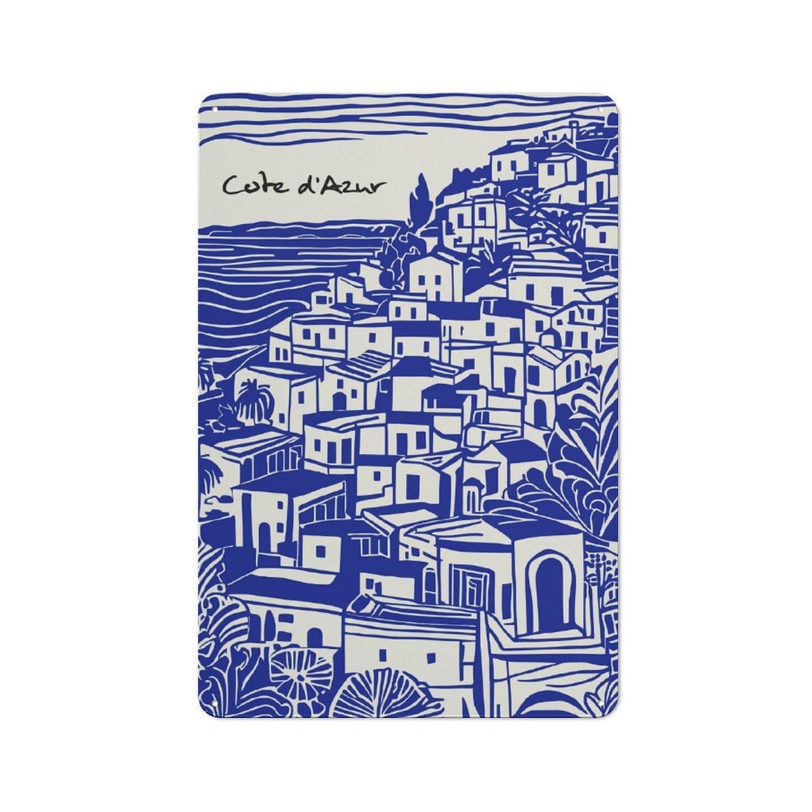 Junmoney Style-14 Côte Dazur Coastal Village Illustration Rustic Tin Sign 30X20cm For Café Or Home Bar, Suited To Hospitality Decor Collectors