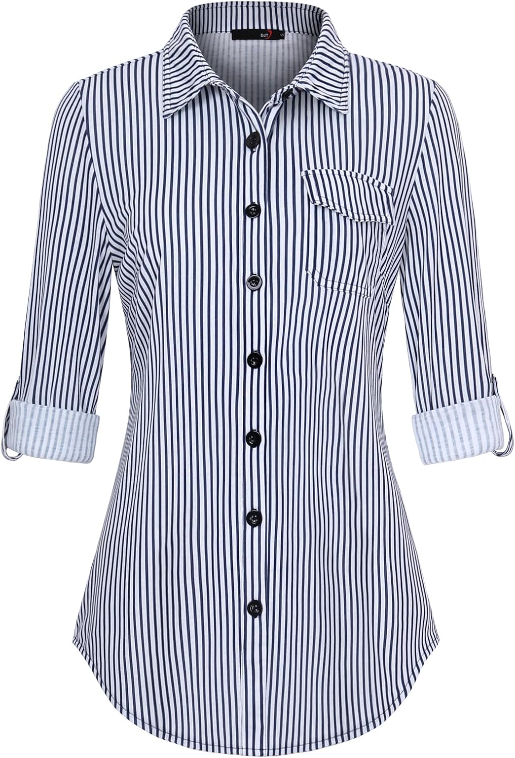 DJT Womens Soft Knitted Shirts Stretchy Roll Up Long Sleeve Dressy Casual Button Down Shirt Work Blouse Tops