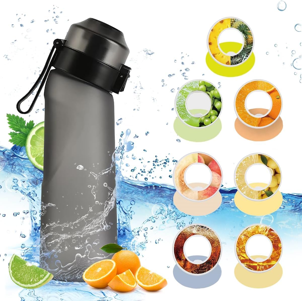 Sports Air Flavour pods Water Bottle Set,25oz Fruit Fragrance Up Drink Bottle with 7 Flavour pods,BPA Free%0 Sugar Sports Water Cup for Fitness Yoga and Outdoor