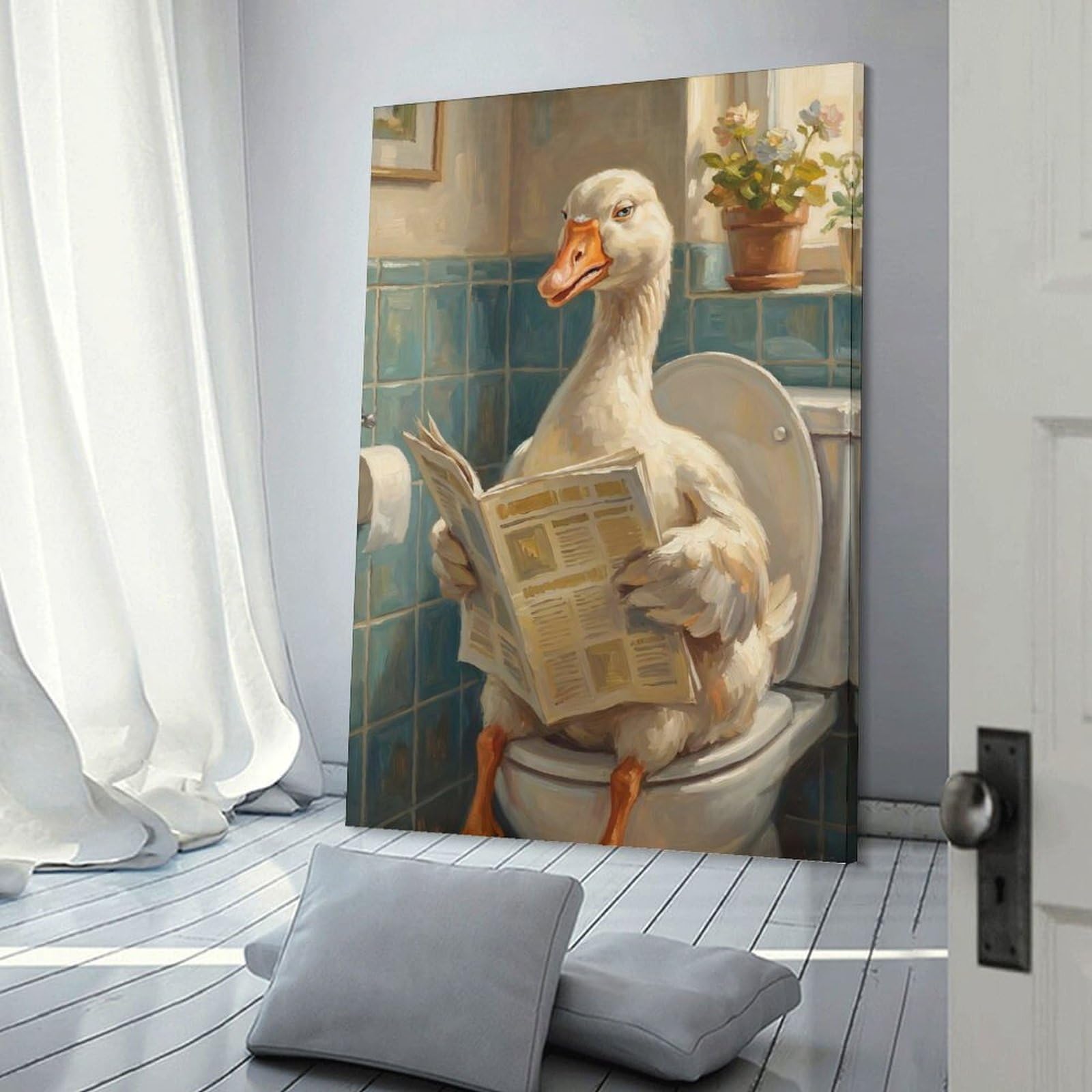 Junmoney Frame-Style-6 Goose Reading Newspaper On Toilet Decorative Canvas Print, 08X12inch(20X30cm), For Contemporary Homes, Apartments Or Offices, Home Artwork For Modern Interiors