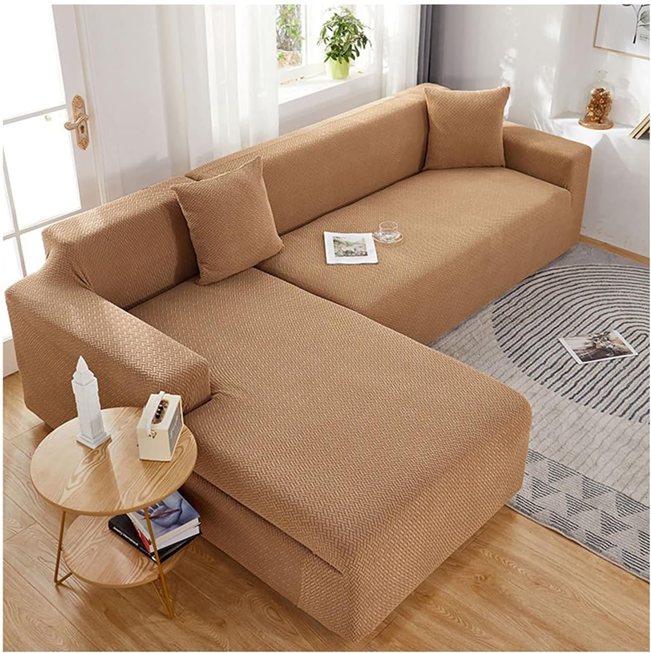Daesar Stretch Sofa Cover, Couch Cover for 2 Cushion Couch Solid Color Weave Pattern Sofa Slipcovers Light Brown (Polyester 2 Seater)