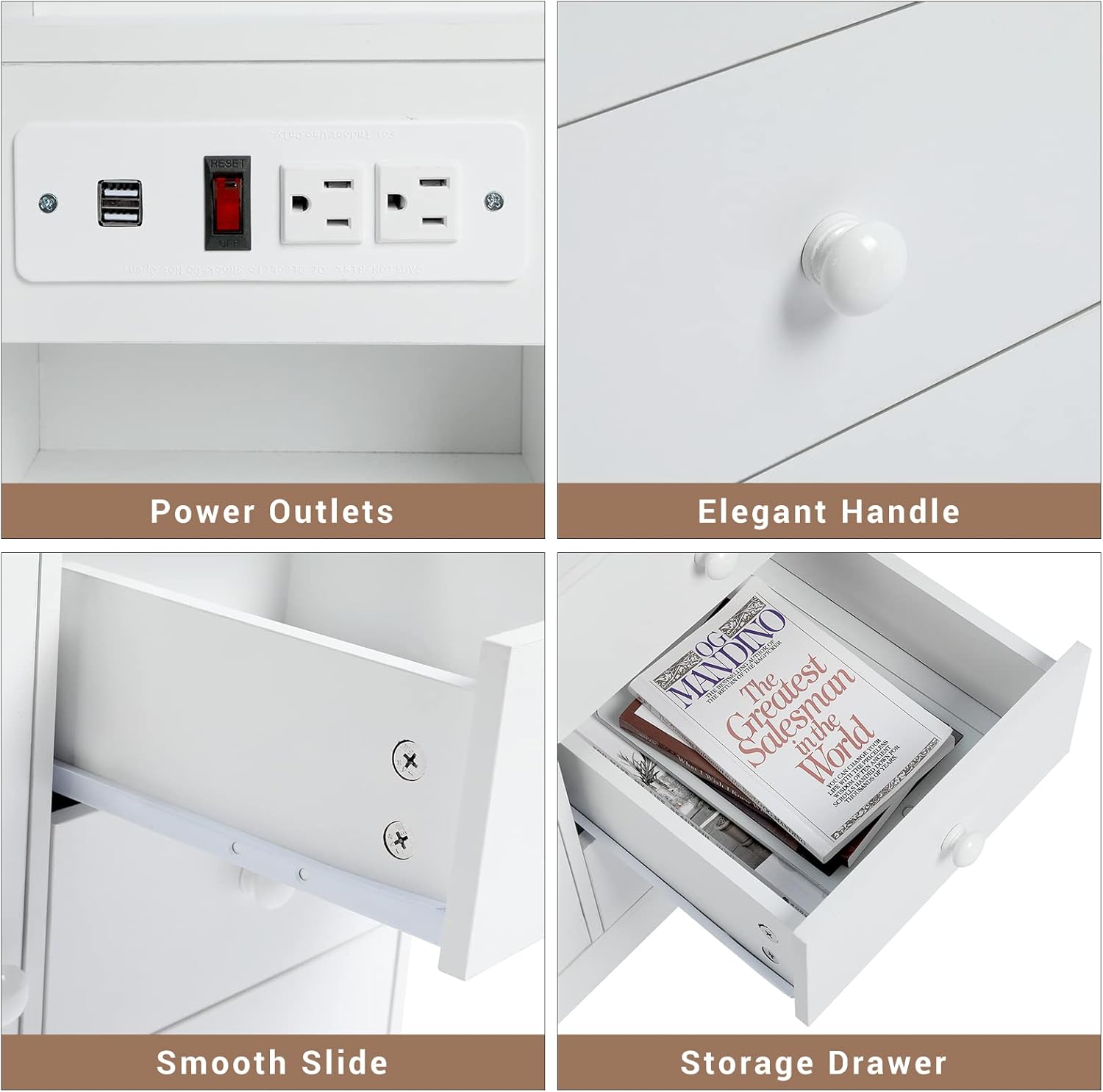 ADORNEVE Nightstand with Charging Station, Night Stand with Hutch and Power Outlets, Bedside Table with Drawers Sofa End Table with Door, White : Home & Kitchen