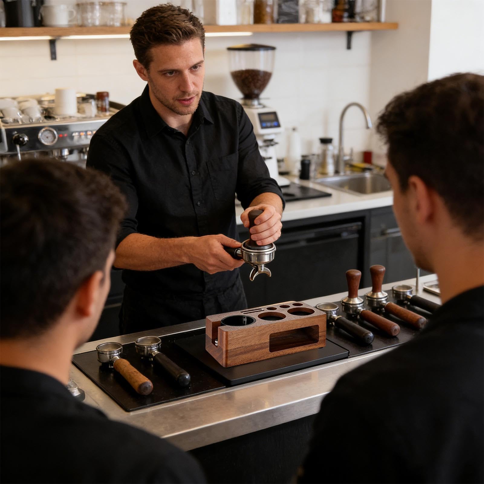 Stacja do ubijania kawy – drewniany organizer 24 cm, antypoślizgowy uchwyt na portafiltr, wielofunkcyjne przechowywanie espresso do ubijania, akcesoriów, domowej kuchni, baru i blatu
