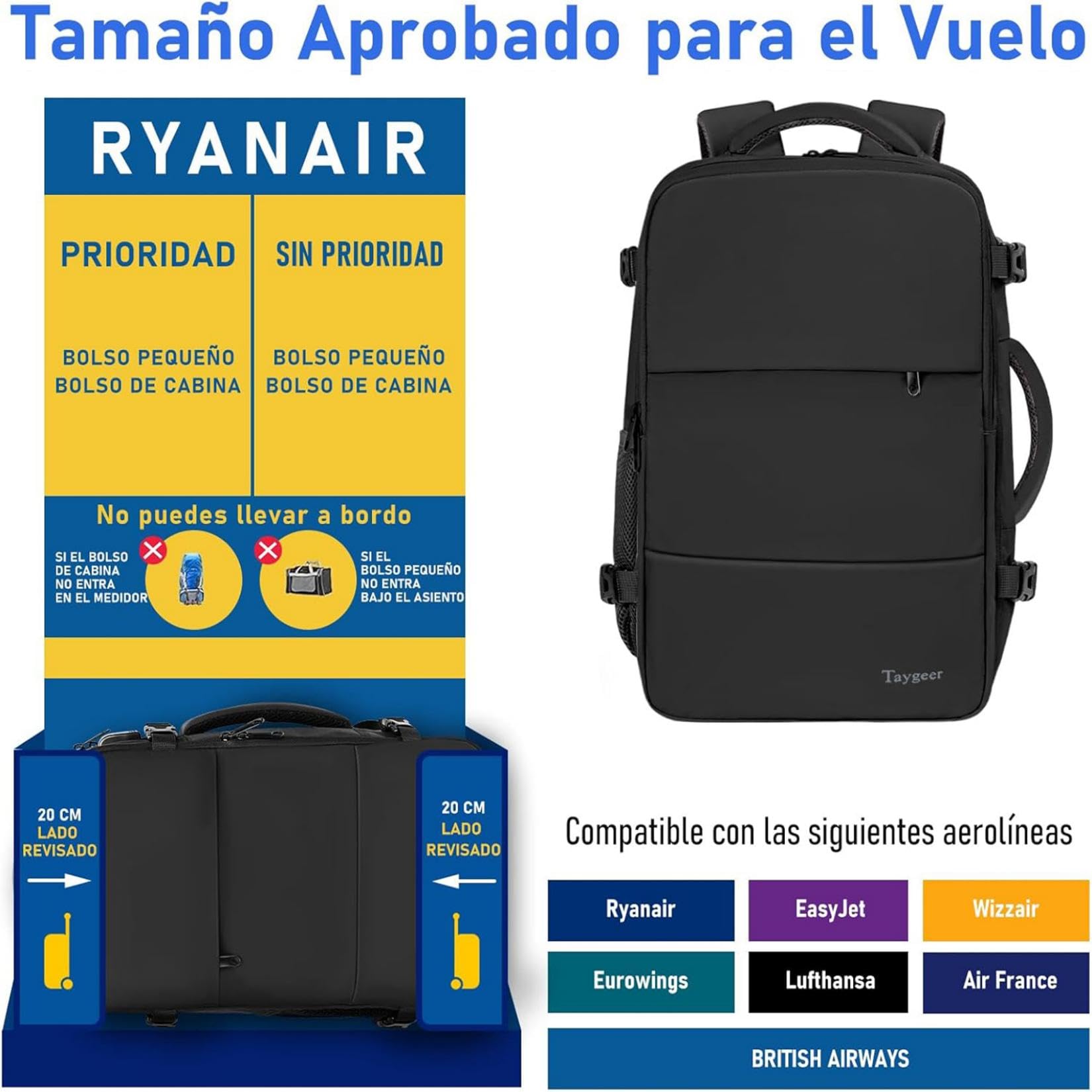 Taygeer Mochila 40x30x20 Ryanair con Bolsa para Zapatos, Mochila Cabina 40x30x20 Portatil 15.6" con Bolsa Impermeable Maletas de Viaje 24L Equipaje de Mano Mujer Hombre para Uso Diario, Viaje, Negro