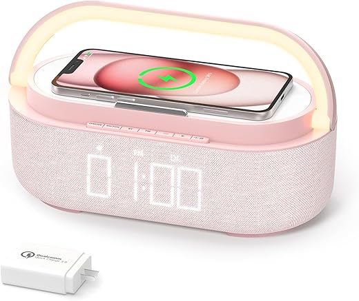 COLSUR Bluetooth Speaker Alarm Clock with Wireless Charger, FM Radio, Adjustable LED Night Light, 6