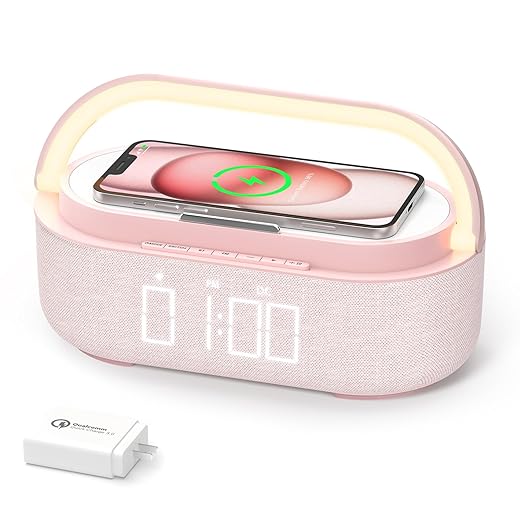 COLSUR Bluetooth Speaker Alarm Clock with Wireless Charger, FM Radio, Adjustable LED Night Light, 6