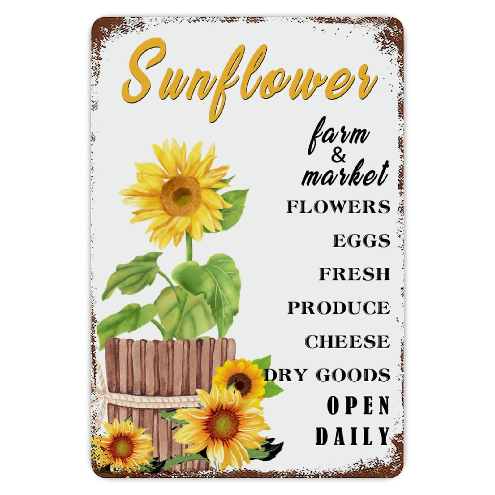 Funny Vintage Metal Sign Sunflower Farm Sign Flowers Eggs Fresh Open Daily Aluminum Sign 8x12 inch Metal Tin Sign Retro Wall Door Hanger Decor Sign