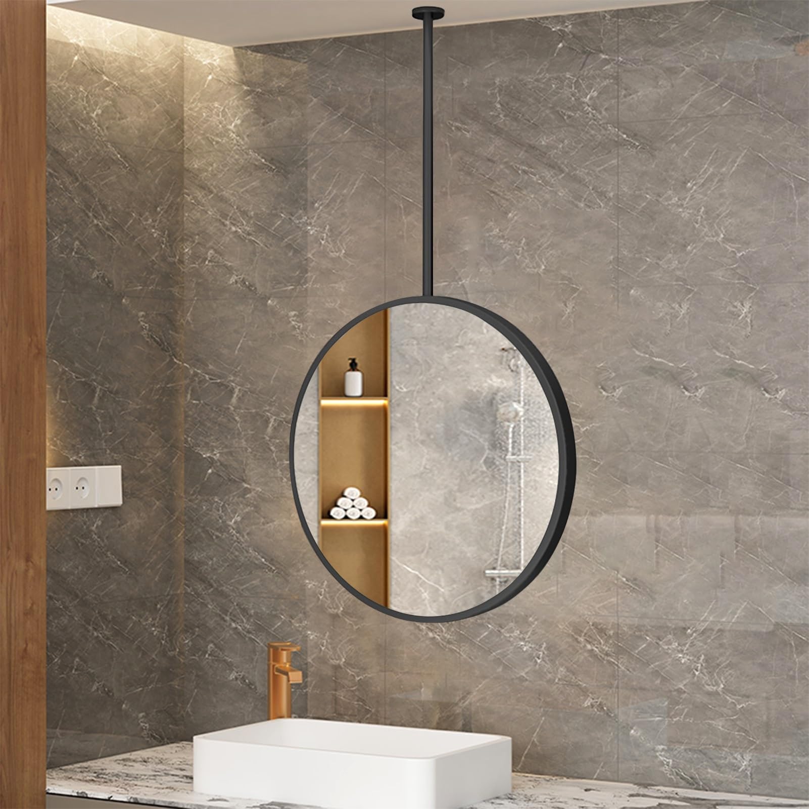 FGXHHS Round Wall Mirror Bathroom Hanging Rod Mirror, Black Metal Framed Ceiling Mounted Floating Vanity Makeup Mirrors - Customizable Boom(Diameter-50CM/19.7INCH)