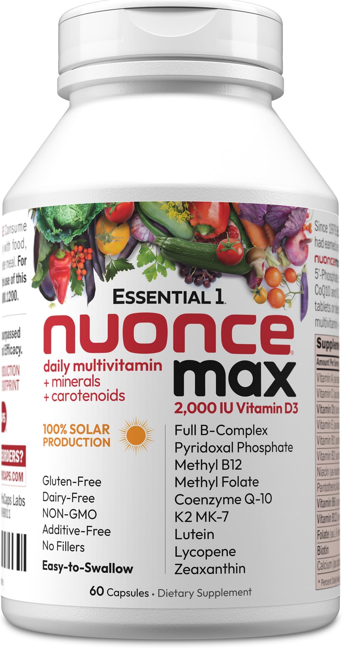 ANDREW LESSMAN Essential-1 nuonce max Multivitamin 2000 IU Vitamin D3 60 Small Capsules. 100 mcg Methyl B12. CoQ10 Lutein Lycopene Zeaxanthin. High Potency. No Additives. Ultra-Mild One Daily Capsule