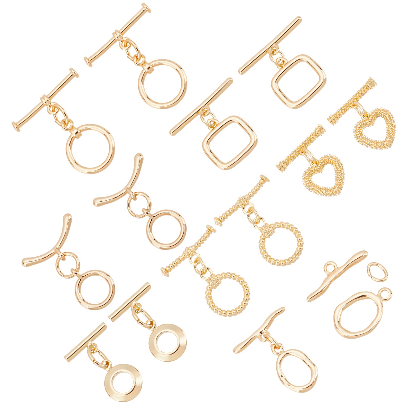 PH PandaHall 7 Styles 18K Gold Toggle Clasps, 14 Sets Heart Ring Rectangle T-Bar Closure OT End Clasps Connectors for Necklace Chain Bracelets Jewelry Making Craft DIY