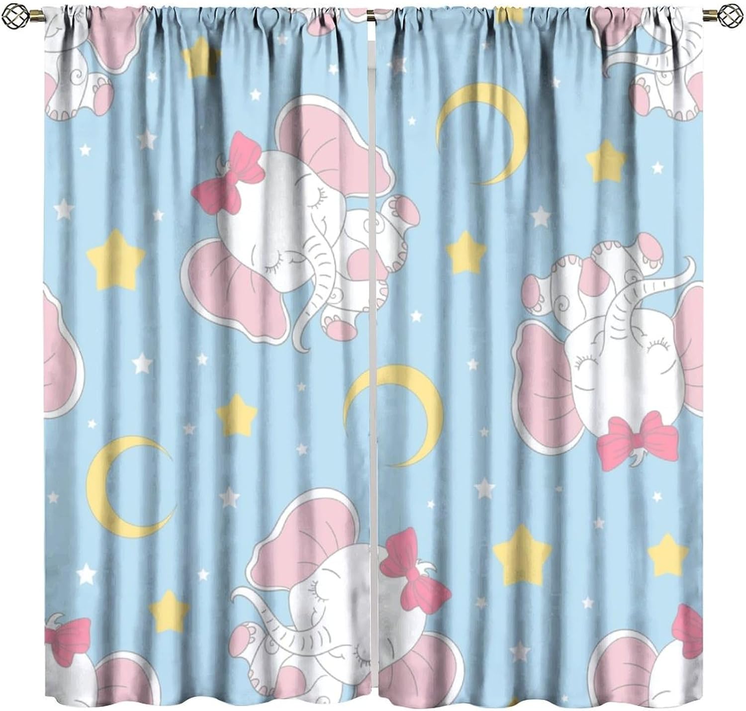 Cartoon Elephant Curtains Cute Baby Elephant Moon Pattern for Kids Room Decoration Blackout Print Rod Pocket Window Drapes for Bedroom Living Room 42x54in