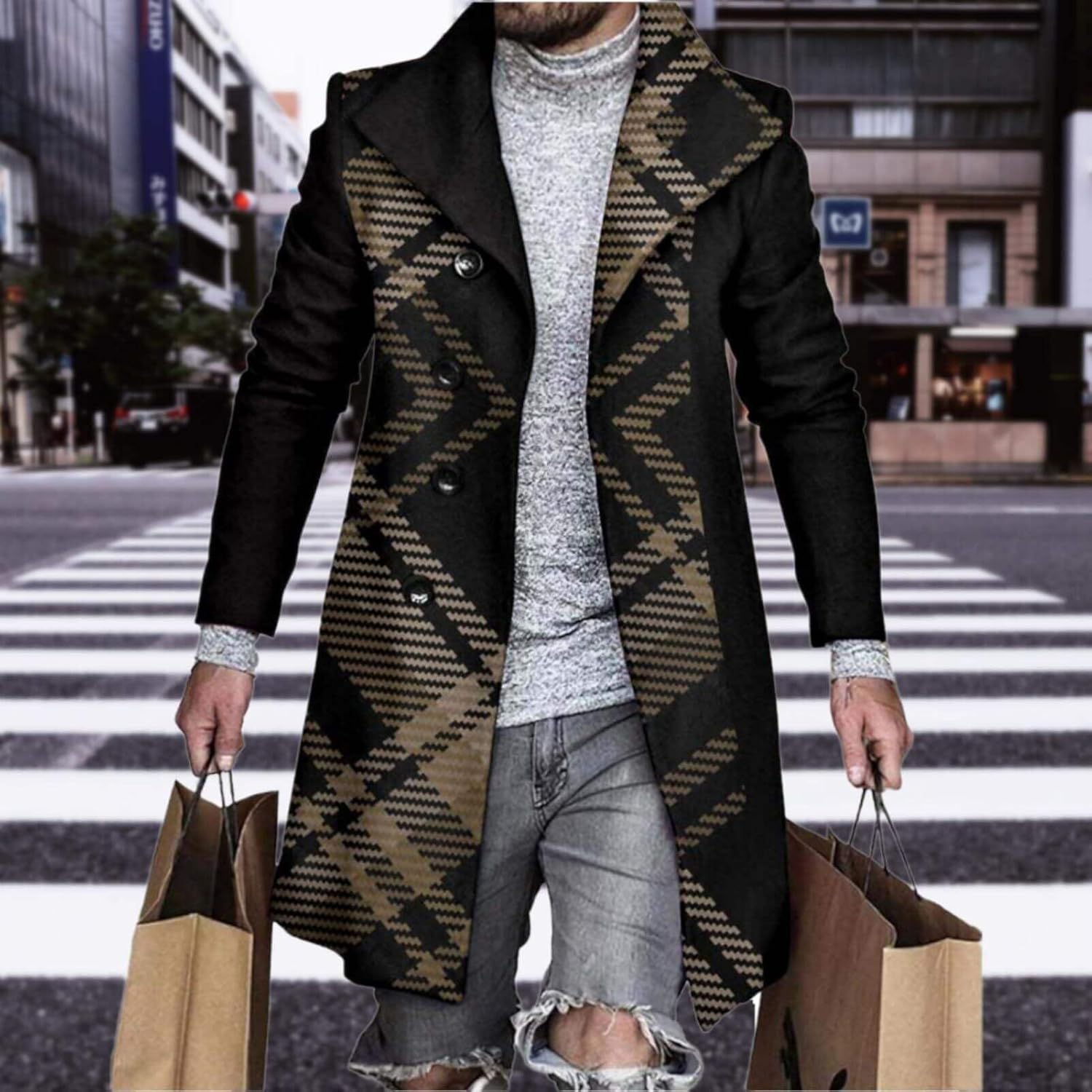 Men's Plaid Long Trench Coat Mid - Length Lapel Collar Button Down Warm Overcoat for Winter & Autumn Fashion - Image 3