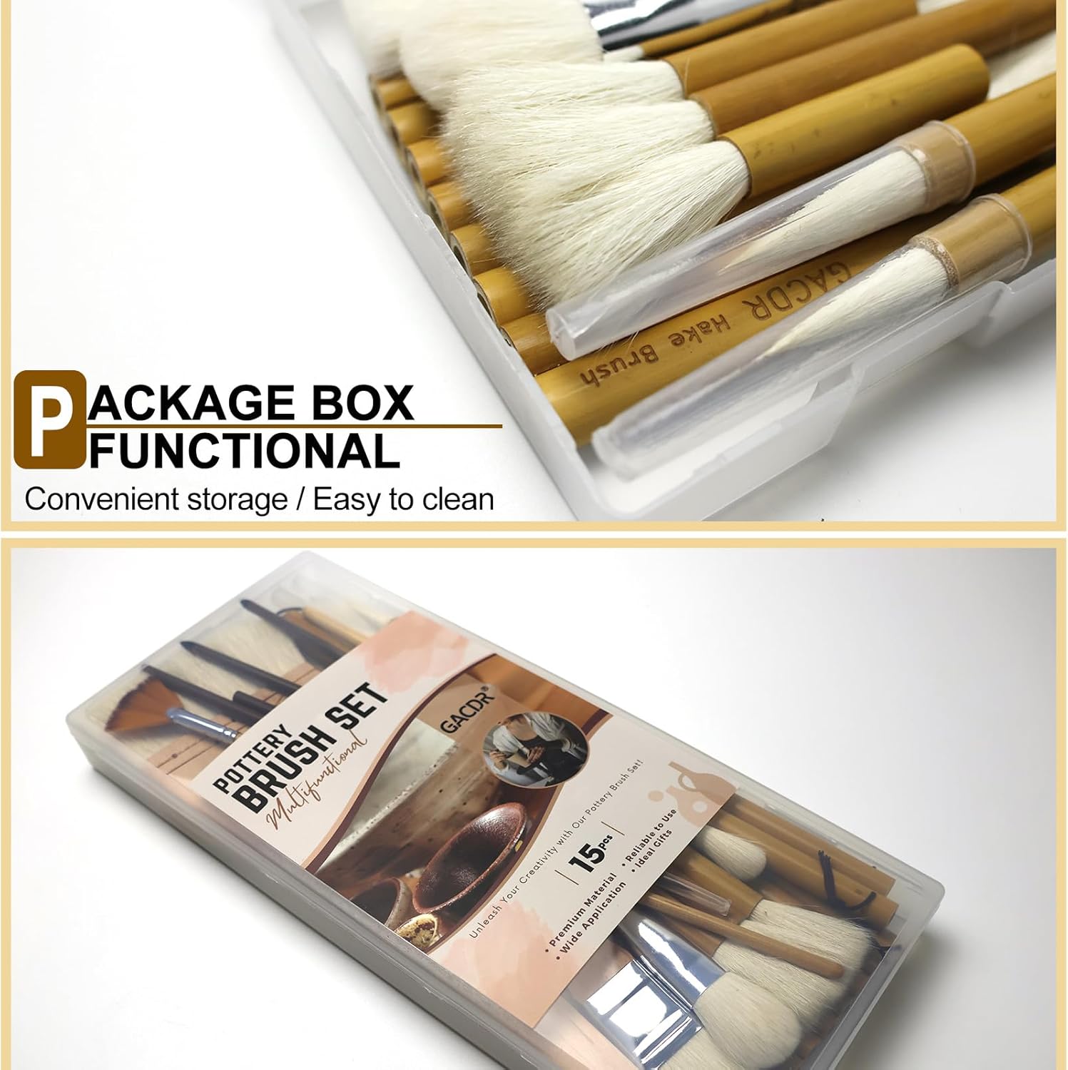 GACDR Pottery Brushes for Glazing, 15 Pcs Ceramic Brush Set With Storage Box, Wool Bamboon Hake for Pottery, Acrylic, Watercolor