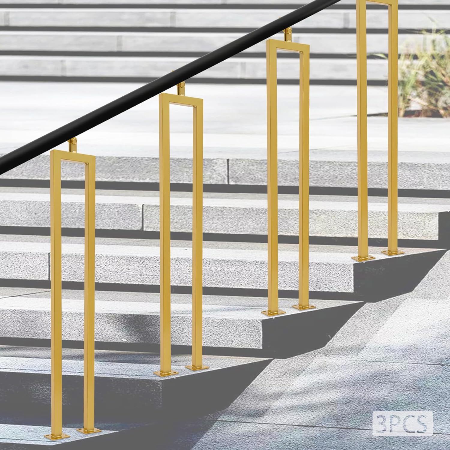 3 Pack Stair Baluster, U Shape Stair Balusters, Gold Side Mount Wrought Iron Balusters for Stair Handrail Porch Deck Railing Outdoor Steps, 36.02in