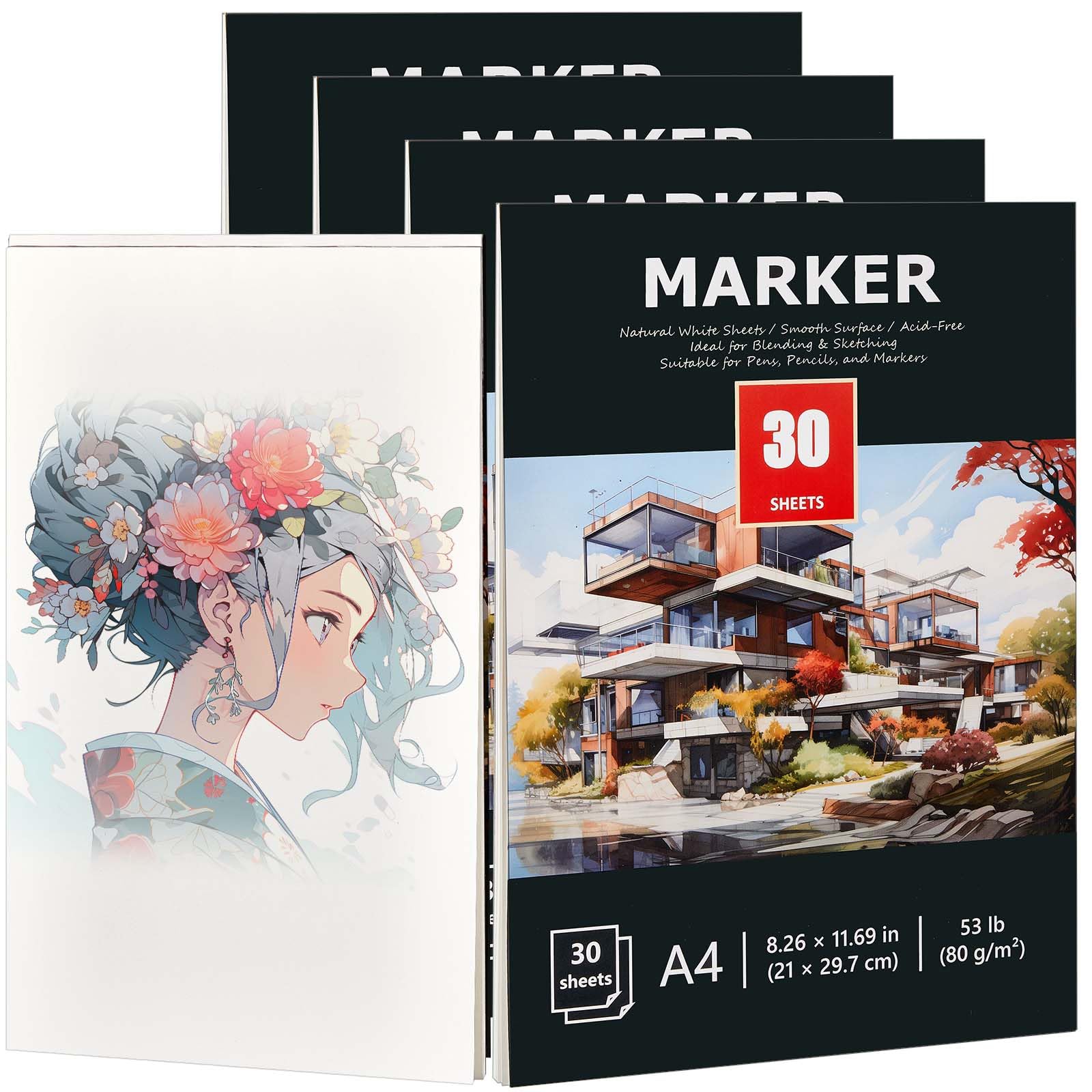 Kosiz 4 x Markerpapierblock, 120 Blatt, 21,6 x 29 cm, Gesamtmarkerpapier, 80 g/m², Markerpapier, Skizzenbuch, Skizzenbuch, blutungssicher, Markerblock zum Zeichnen, Färben, Alkoholmarker,