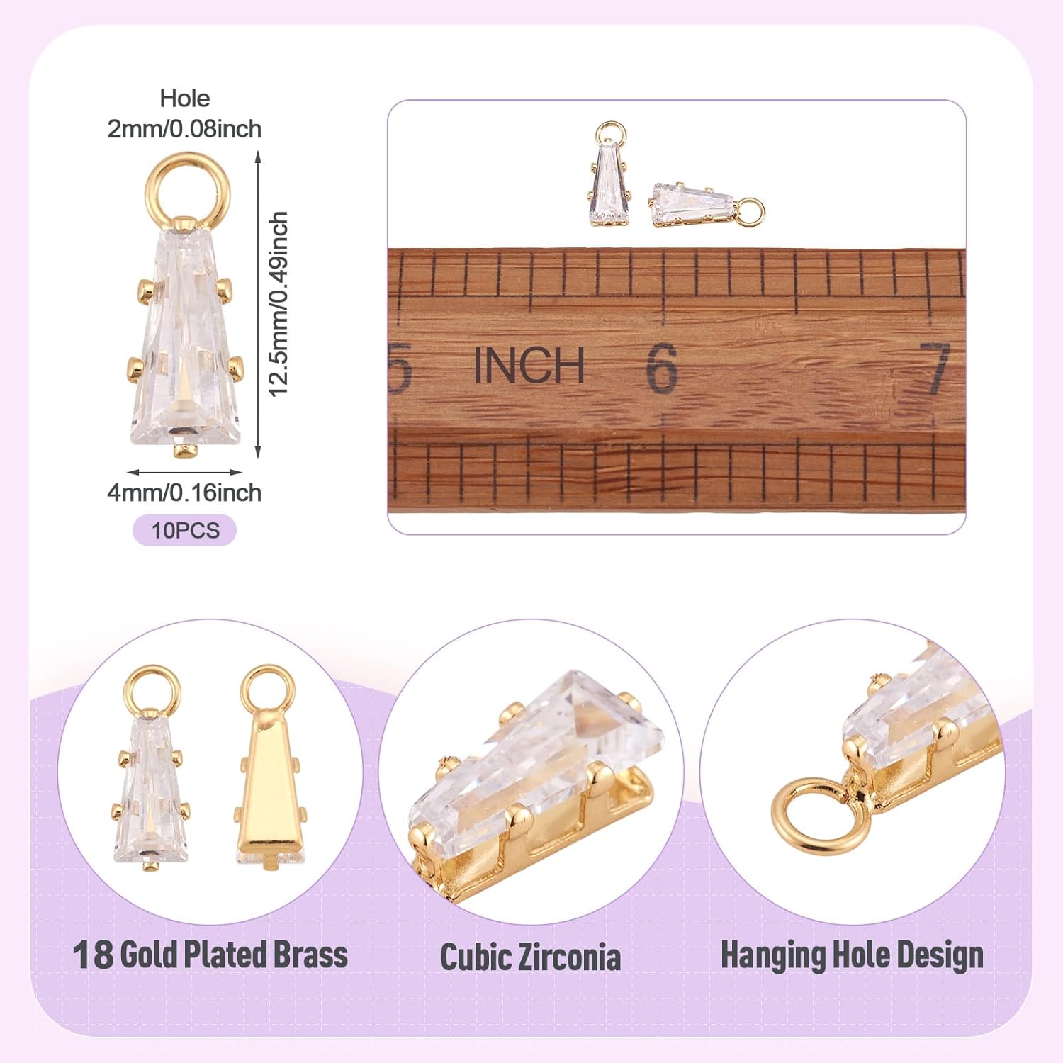 FASHEWELRY 10Pcs 18K Gold Plated Trapezoid Charms Cubic Zirconia Charms Brass Sparkling Micro Pave CZ Pendants for Bracelet Necklace Jewelry Making Festival Gift - Image 3