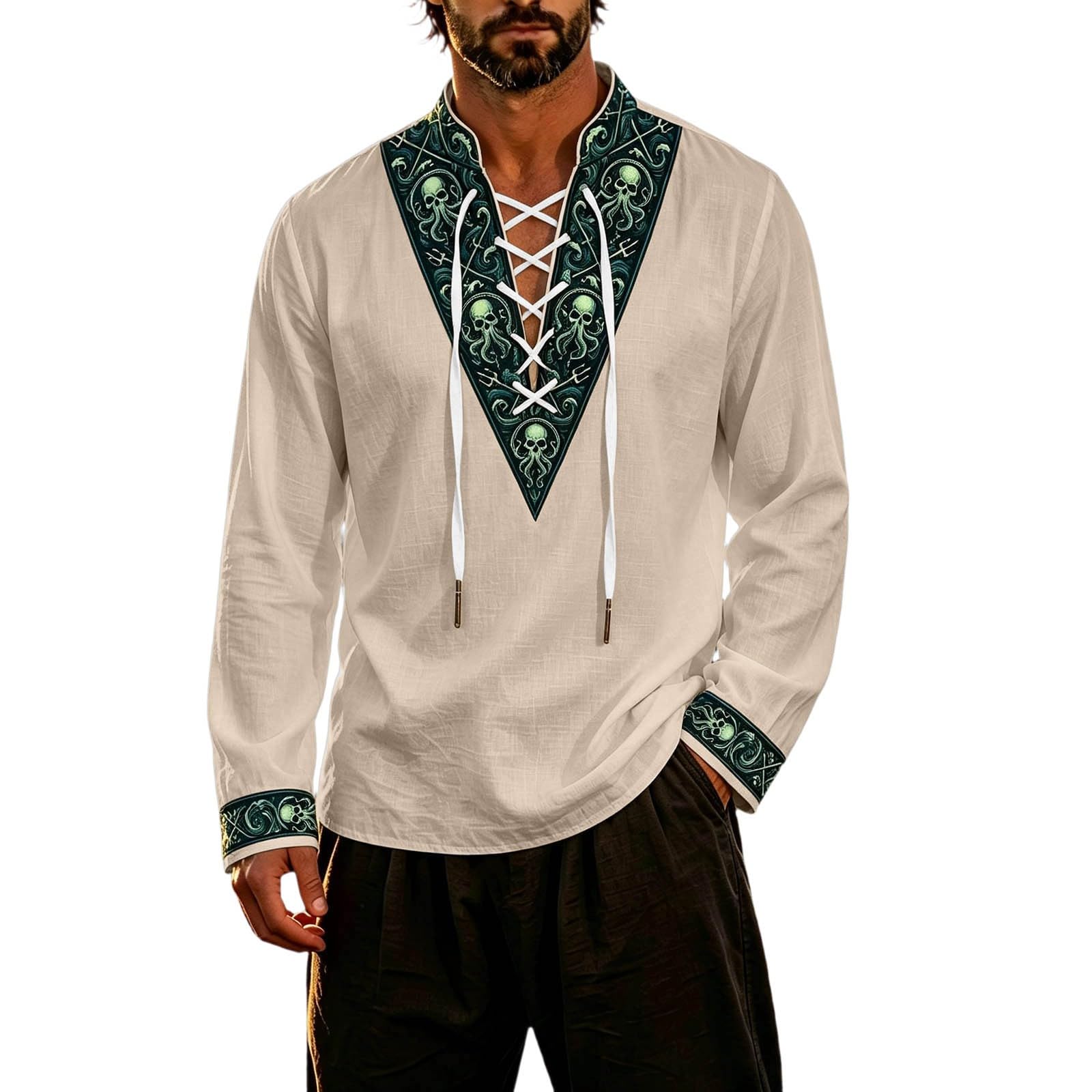 Classic Themed Men's Long Sleeve Shirt for Adventure Nautical Style Top with for Everyday Wear and Cosplay (d-Khaki, L) — image 1