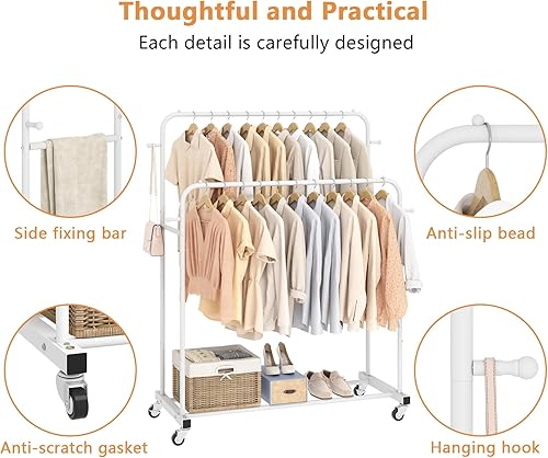 Miniatura 6 de Laiensia - Perchero de doble varilla con ruedas, estante para colgar ropa, con 4 ganchos, estante multifuncional para ropa de dormitorio, color