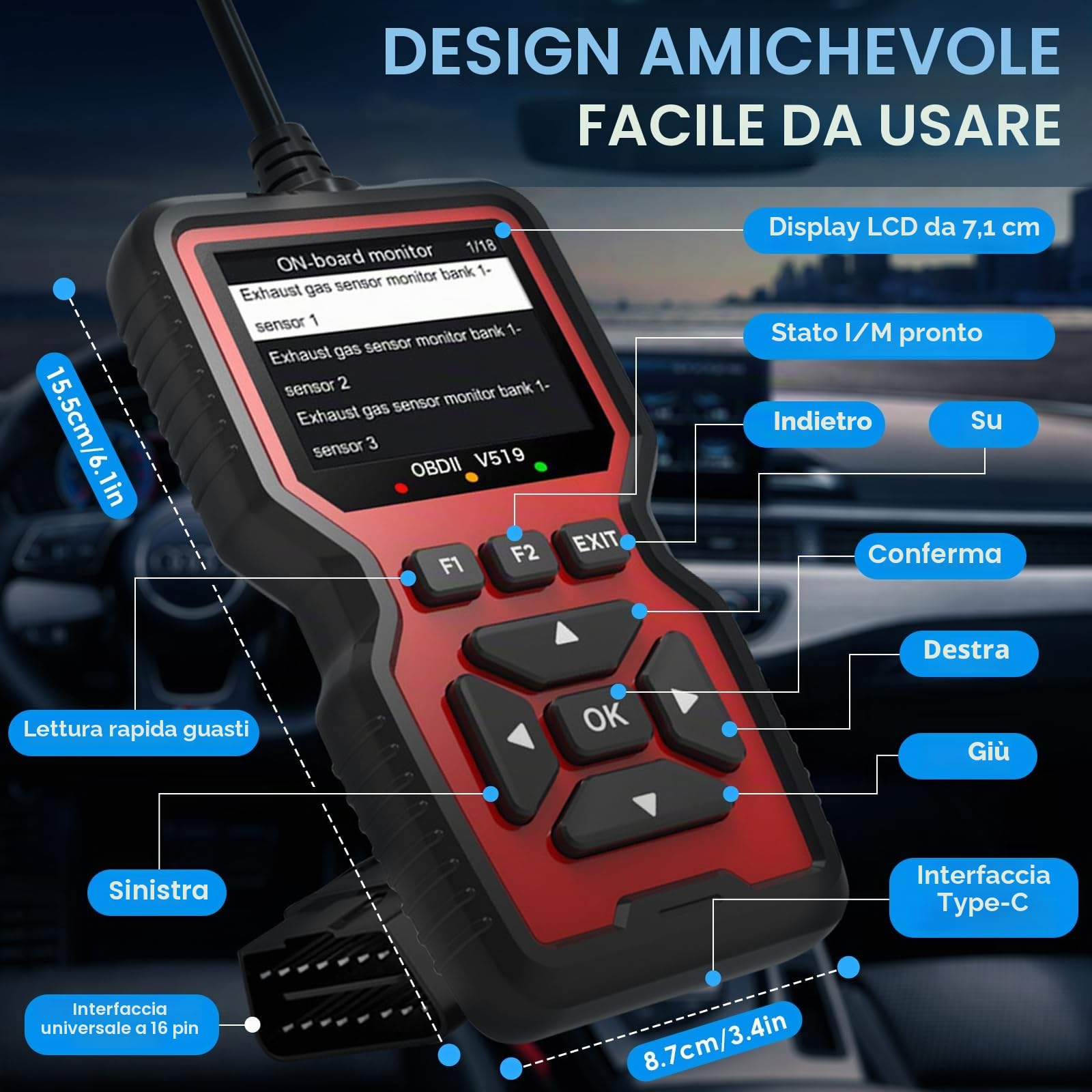 OBD2 Auto Diagnosi, V519 Scanner OBD Diagnostica per Autoveicoli, Universale Motore Lettore di Codici di Guasto Strumento di Scansione Diagnostica, Compatibile con i Protocolli OBDII