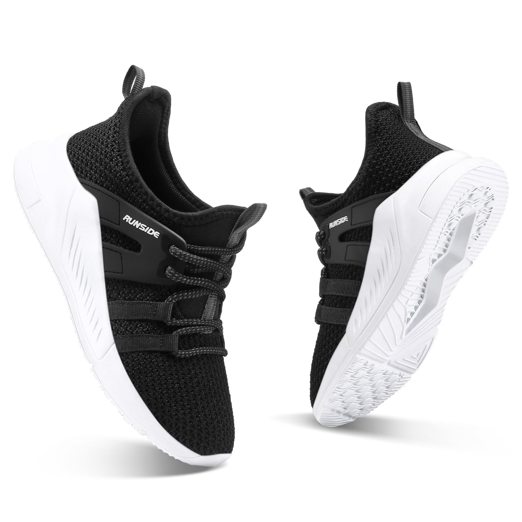 RUNSIDE Boys Girls Tennis Shoes Kids Lightweight Breathable Sneakers Lace-up Running Athletic Shoes for Toddler/Little Kid/Big Kid Black White